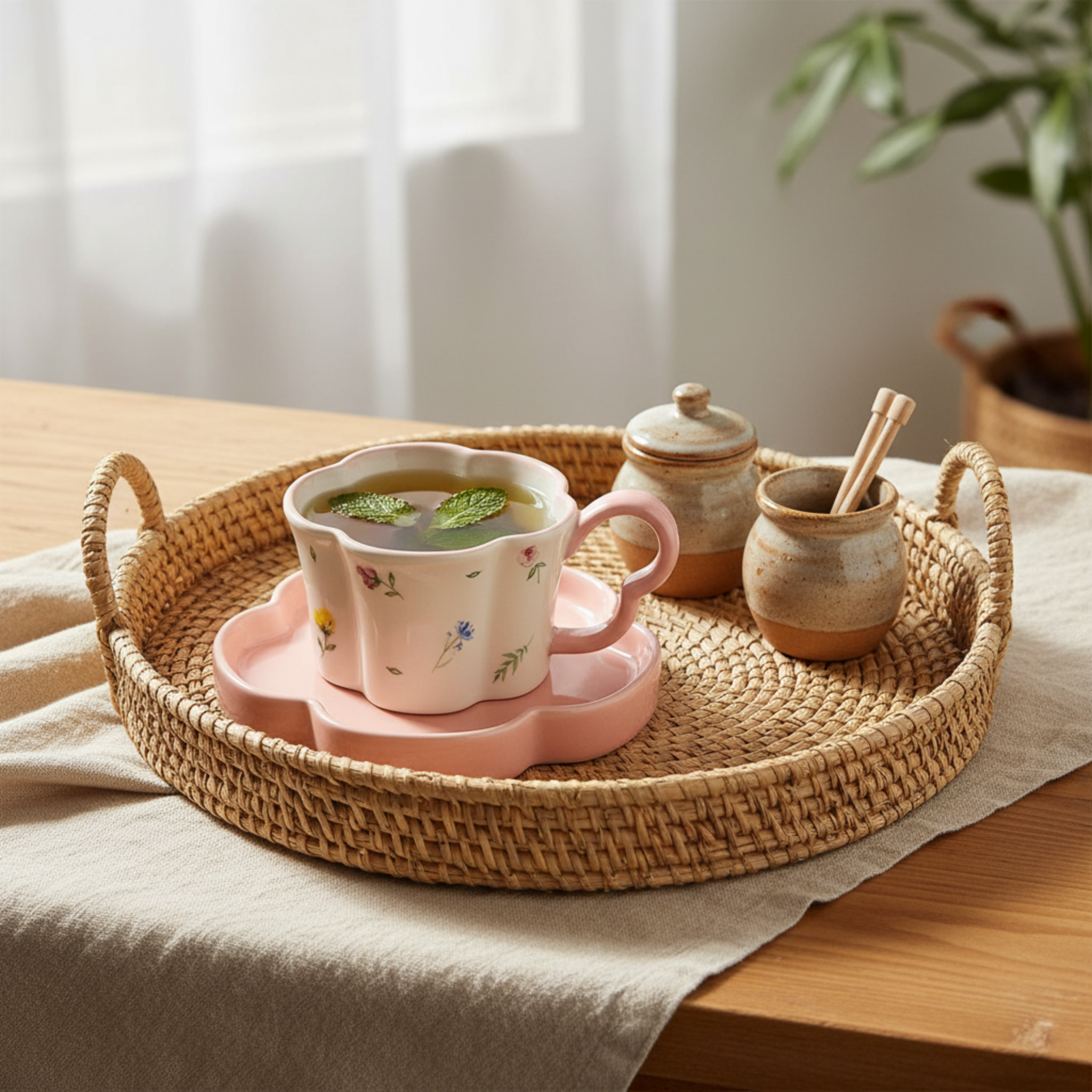 Mug Fleur Rose Céramique & Soucoupe – Idée Cadeau Cute Tunisie