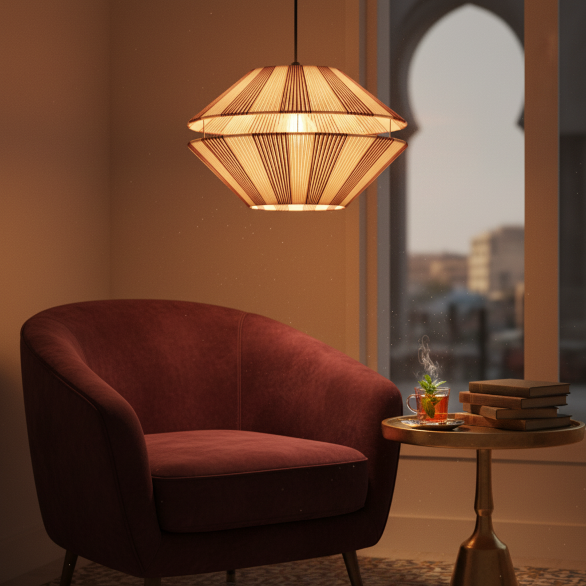 Suspension Jute Plissée Géométrique Fait Main | Design Tunisien Élégant