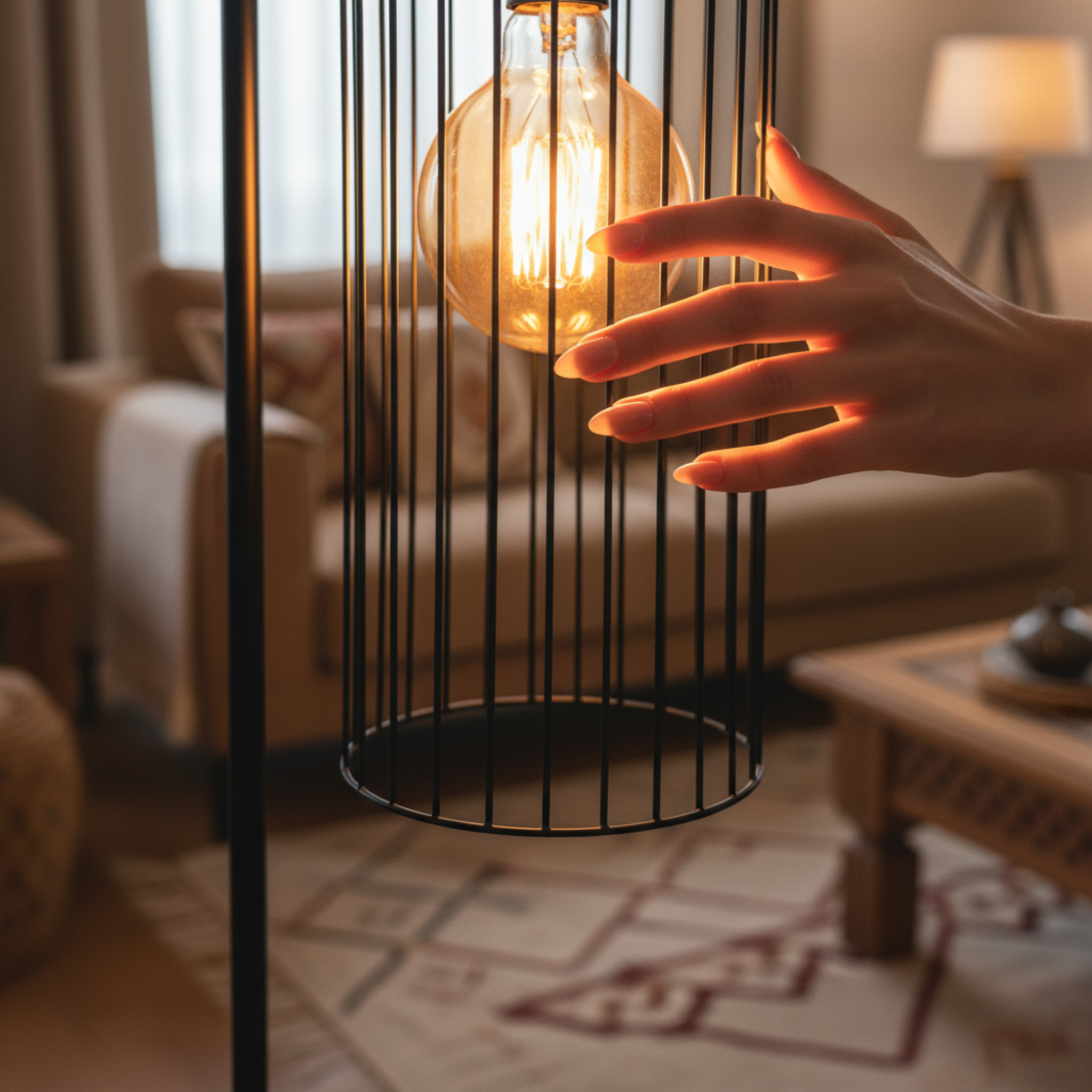 Lampadaire Trépied Métal Noir & Abat-Jour Effet Tweed – Design Moderne