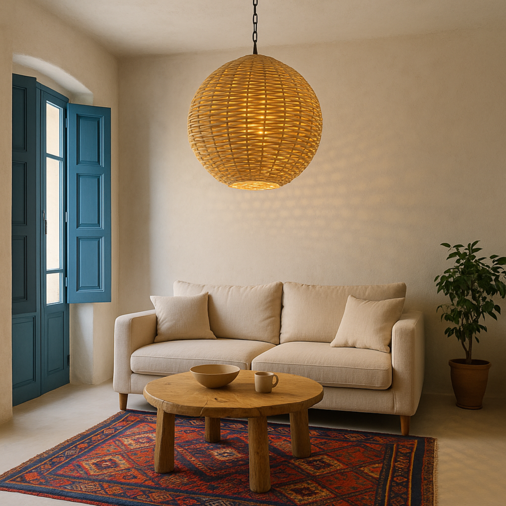 Lustre en rotin boule | Halo 360°, style naturel | Fiolla Home