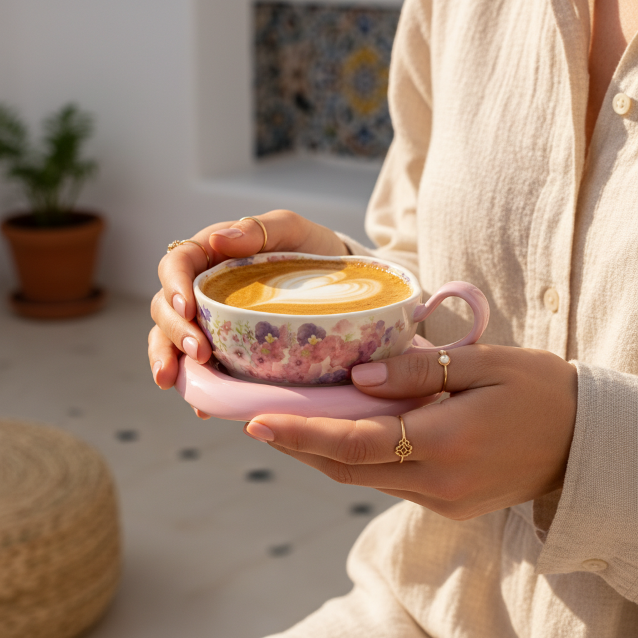 Tasse Florale Chic et Sous-tasse Galet Rose – Idée Cadeau Tunisie