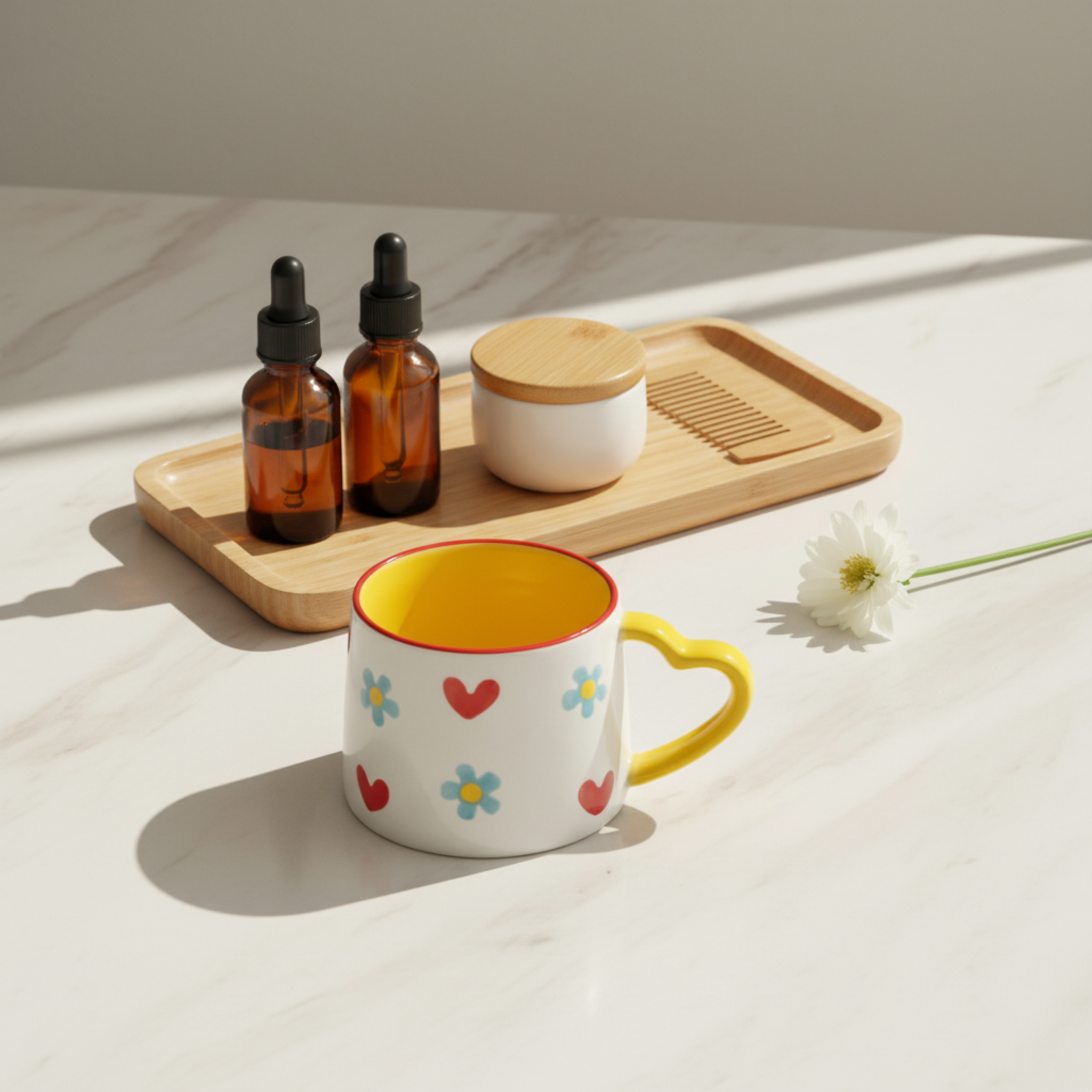 Mug Cœurs et Fleurs | Anse Jaune en Forme de Cœur