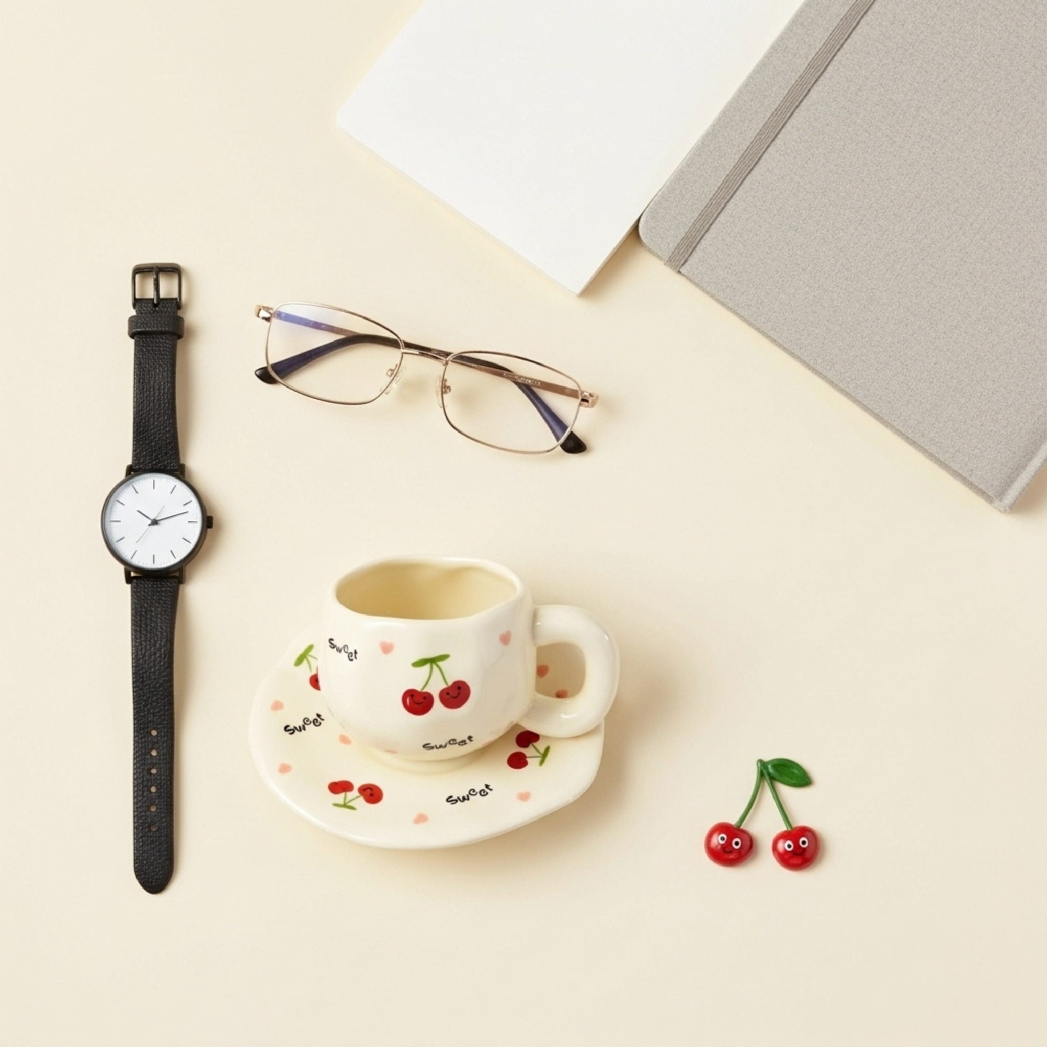 Mug Cerises Kawaii – Set Tasse & Sous-Tasse pour Café