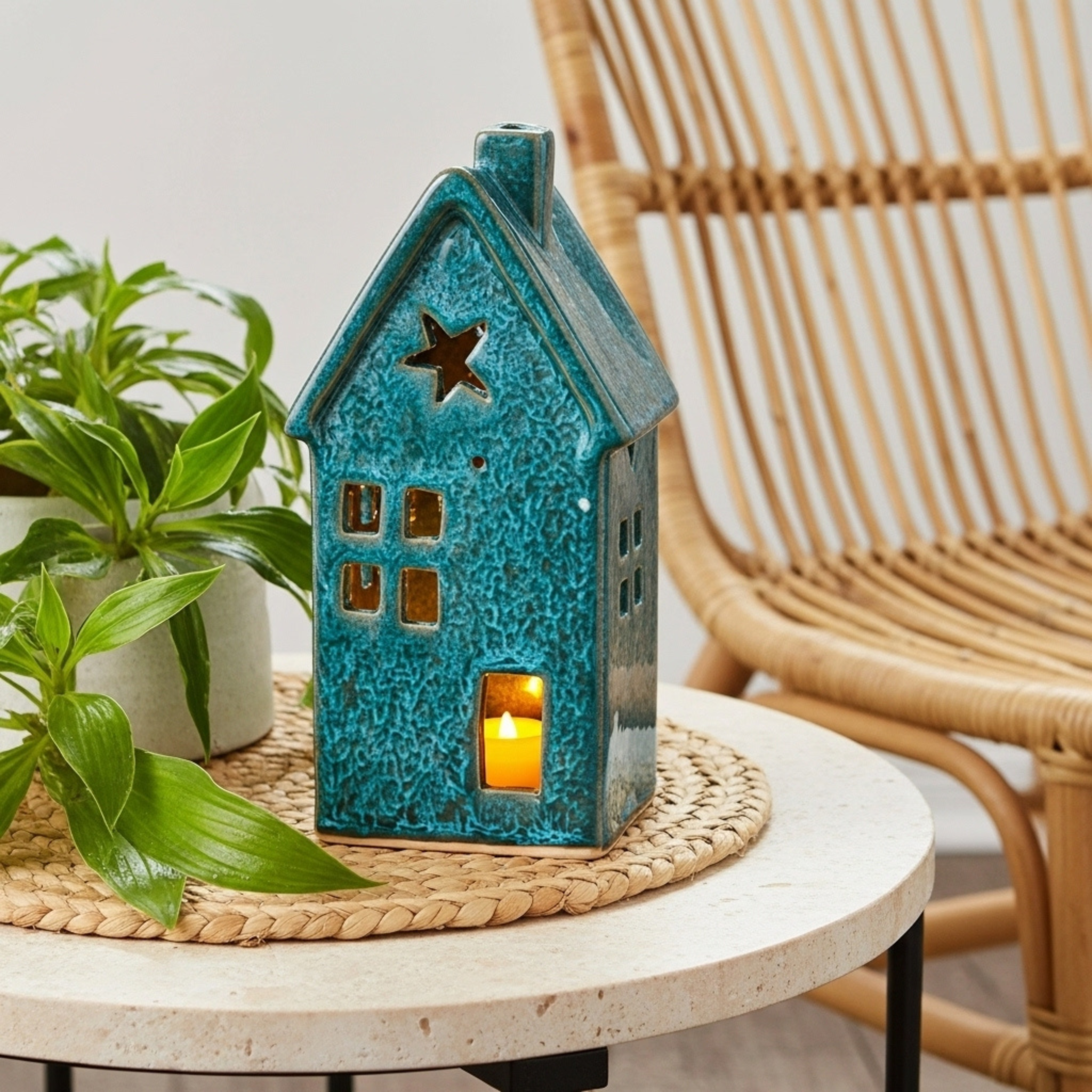 Cache-Bougie Maison en Céramique Turquoise – Fait Main en Tunisie