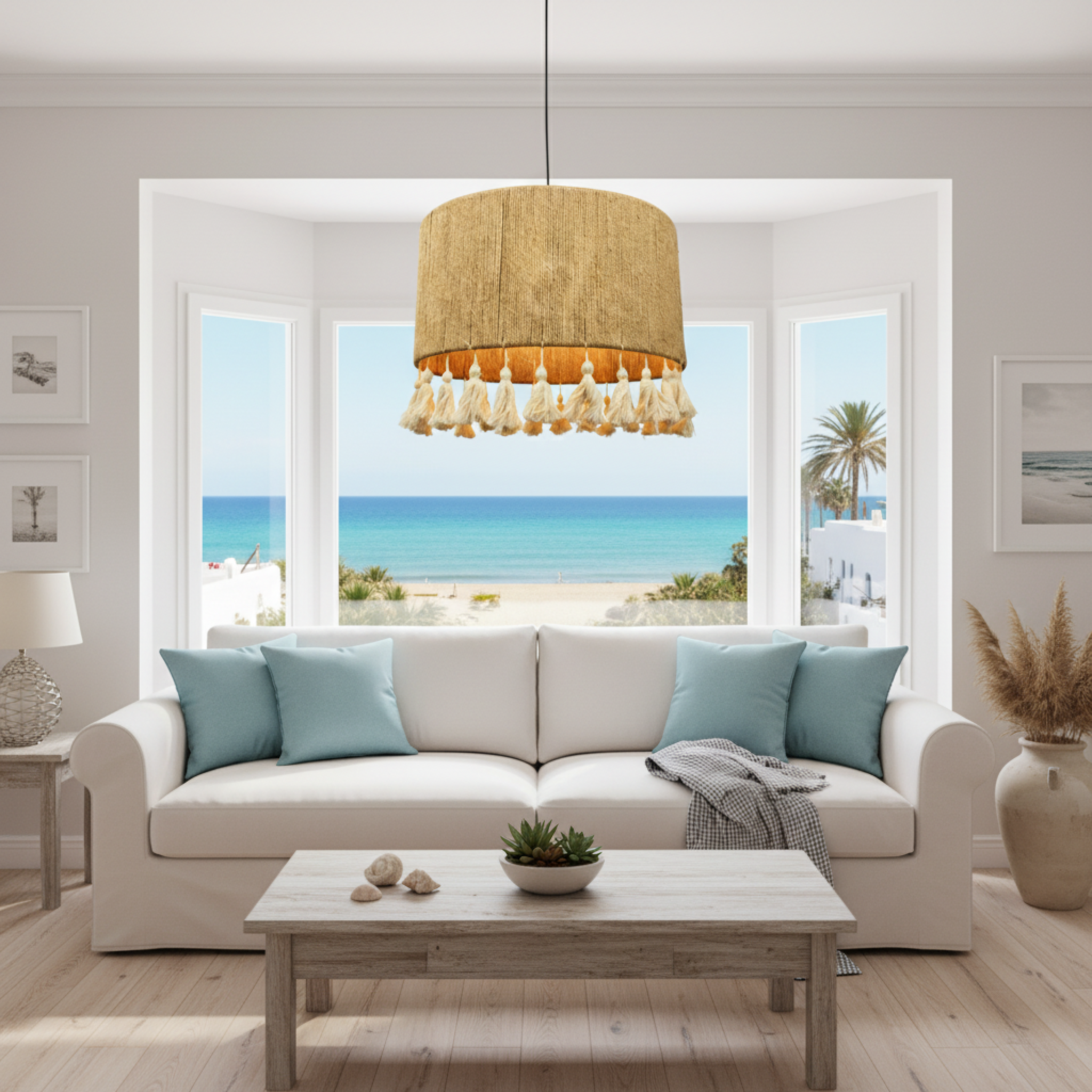 Suspension "Lella" – Lustre Tambour Large en Jute Tressé et Pompons