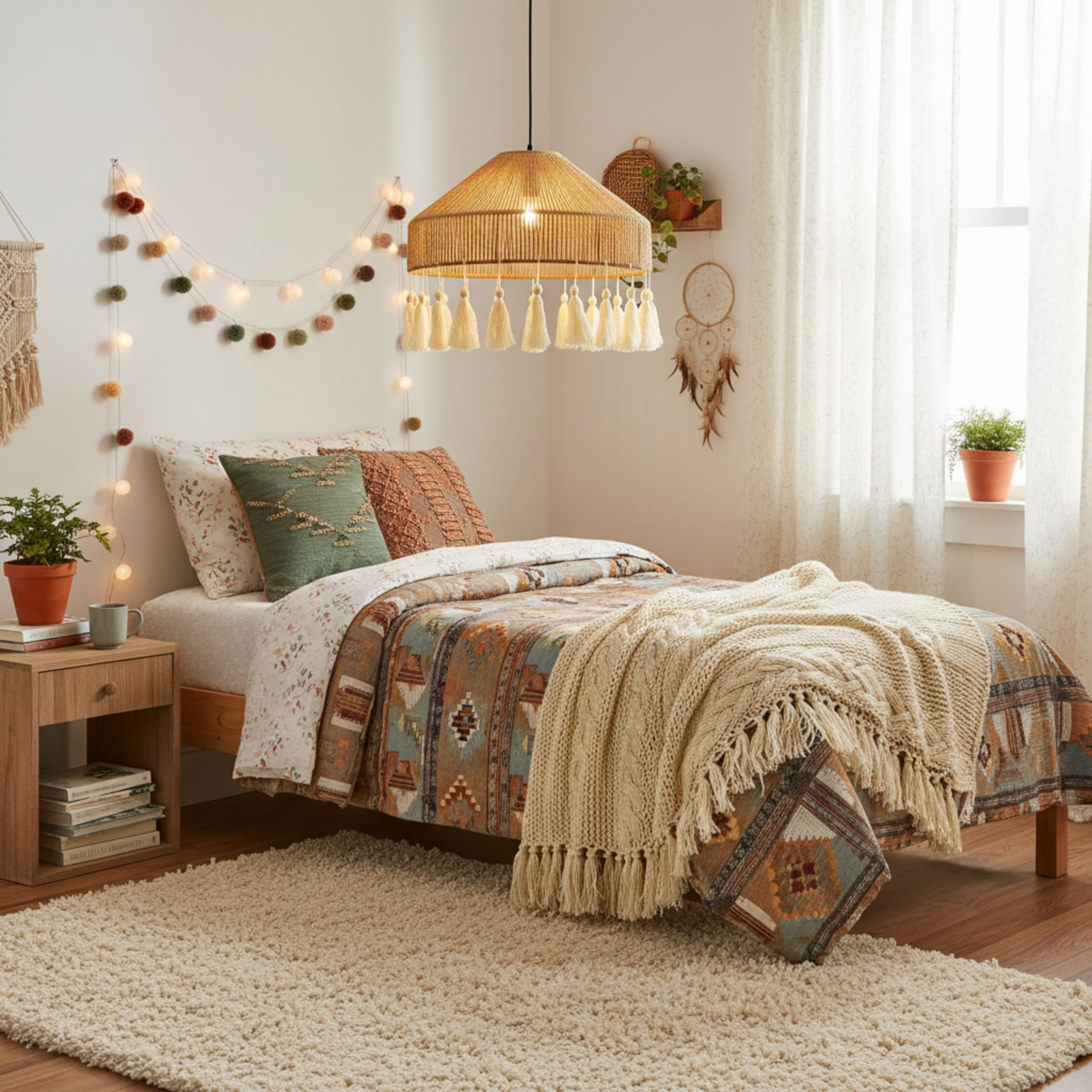 Suspension "Elyssa" Double Niveau en Jute Naturel et Pompons