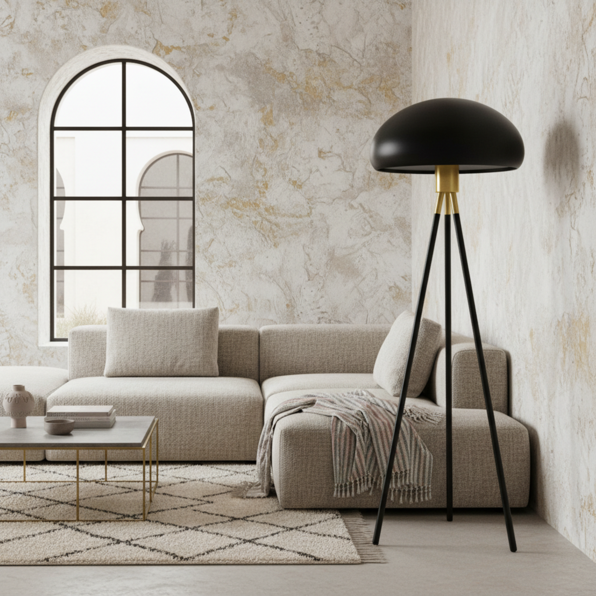 Lampadaire Trépied Noir et Or – Design Luxe pour Salon en Tunisie