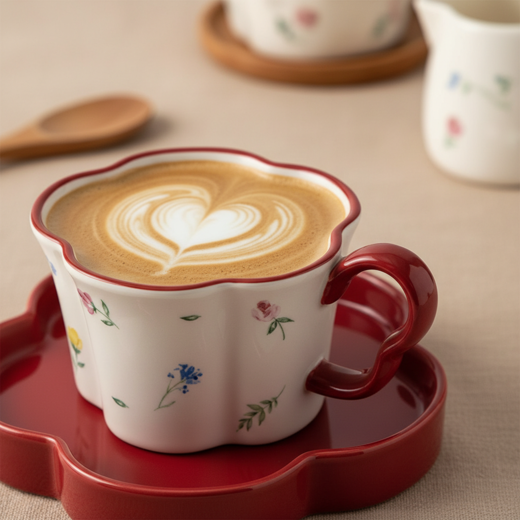 Tasse Forme Fleur & Soucoupe Rouge – Mug Cute & Idée Cadeau Tunisie