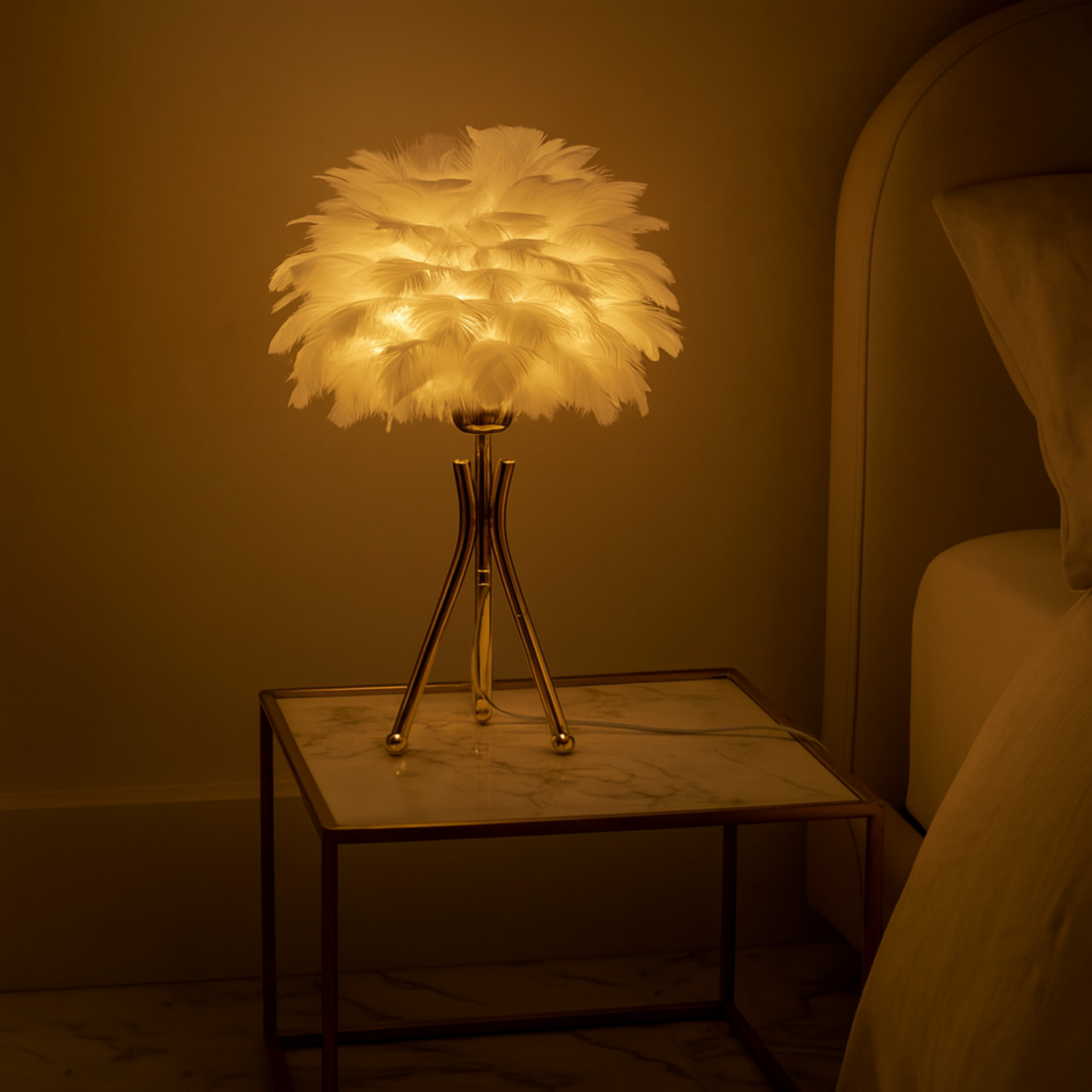 Lampe de Chevet à Plumes Blanc & Doré – Style Glamour Chic