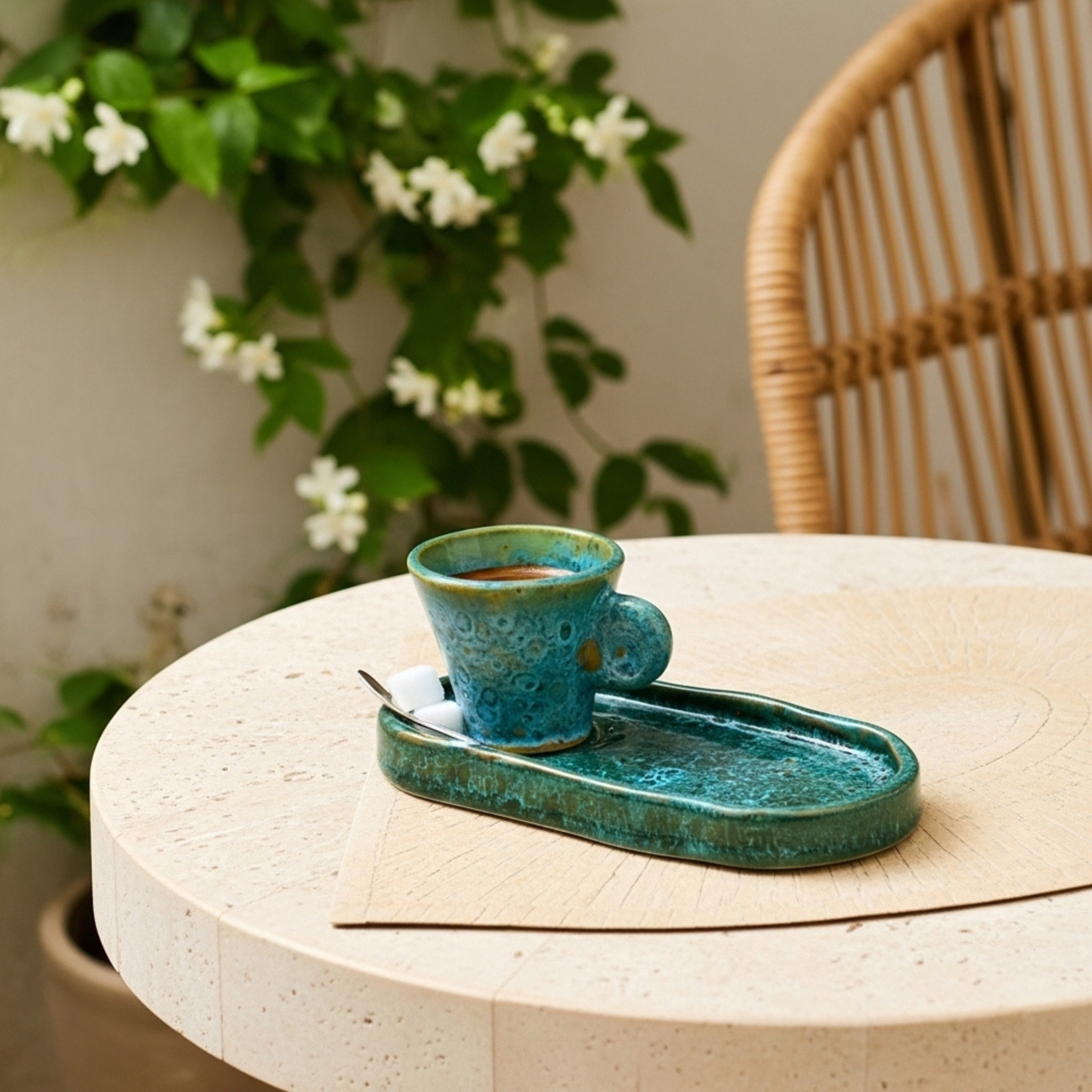 Set espresso en céramique – tasse + plateau, émail vert