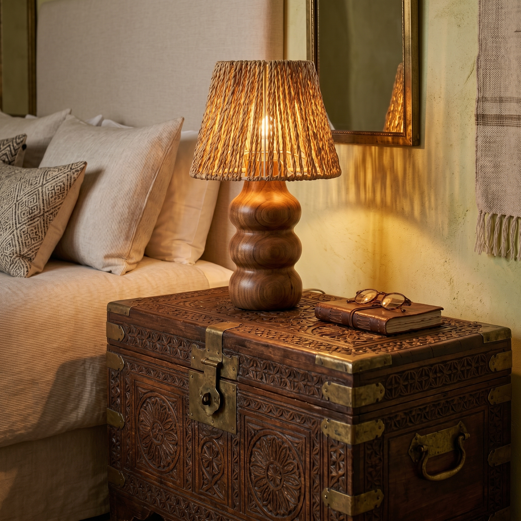 Lampe à Poser Artisanale | Design Bois & Fibre Boho | Fiolla Home