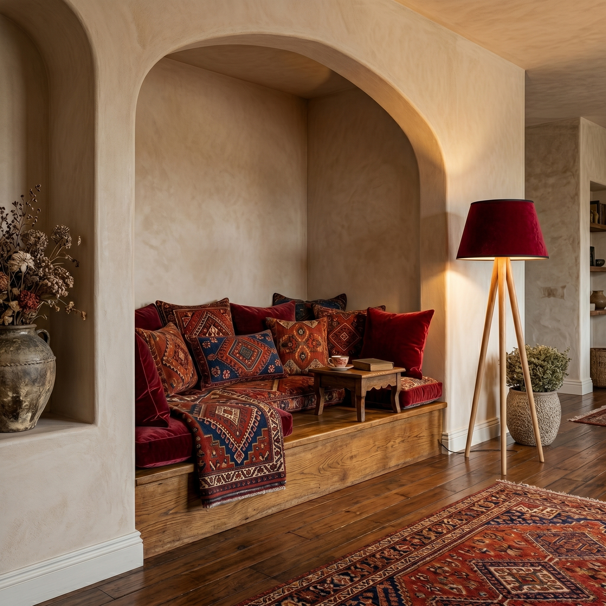 Lampadaire Trépied Bois | Abat-jour Bordeaux | Fiolla Home