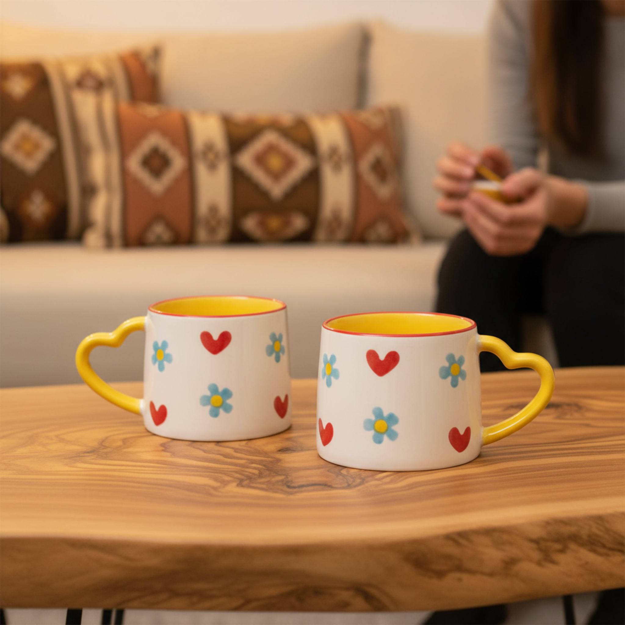 Mug Cœurs et Fleurs | Anse Jaune en Forme de Cœur