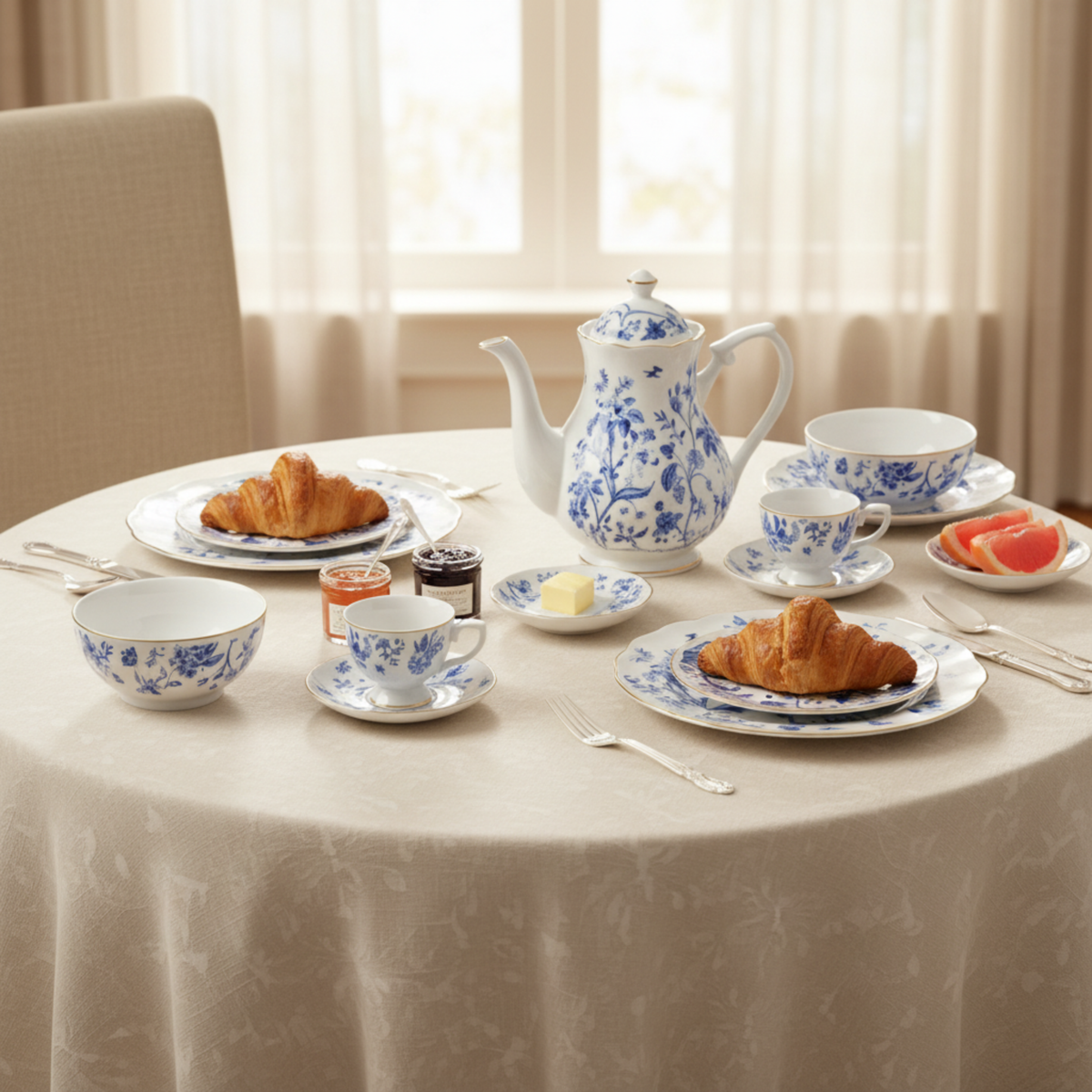 Service Petit Déjeuner 29 Pièces – Porcelaine Bleue & Dorure