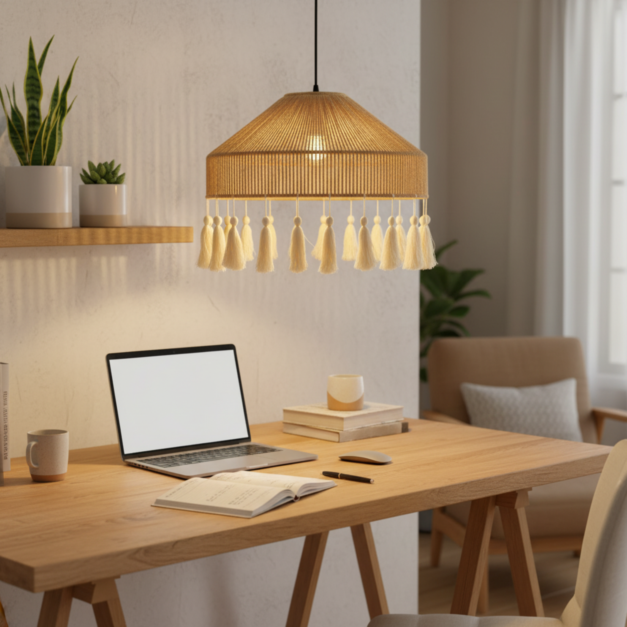 Suspension "Elyssa" Double Niveau en Jute Naturel et Pompons