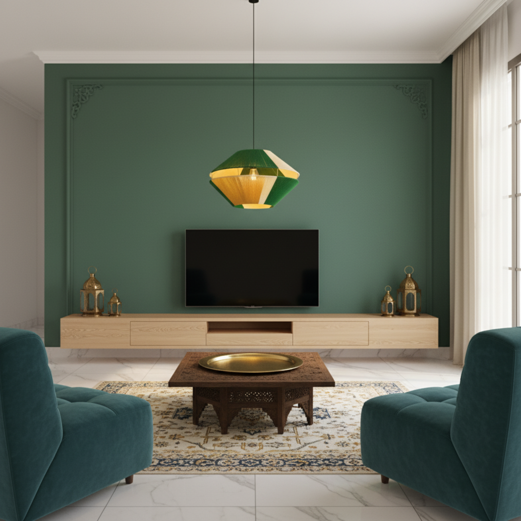 Suspension Géométrique Bicolore Vert & Jaune Fait Main | Design Tunisien Unique