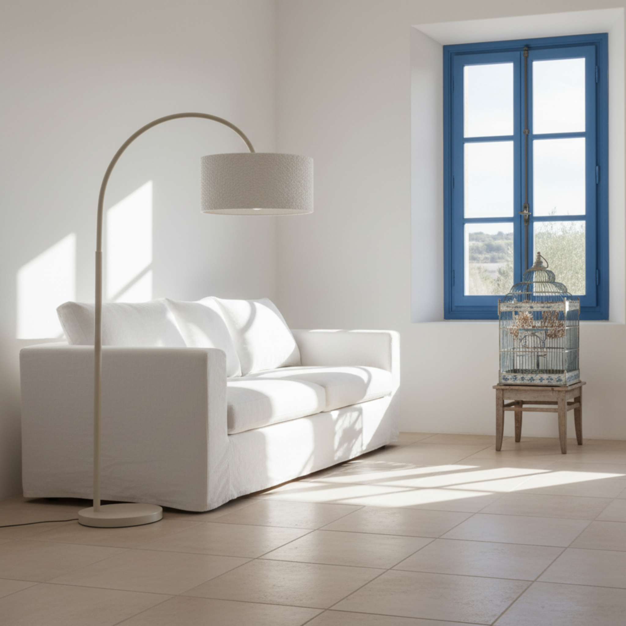 Lampadaire Arc Design en Tissu Bouclette Grège – Élégance Tunisie