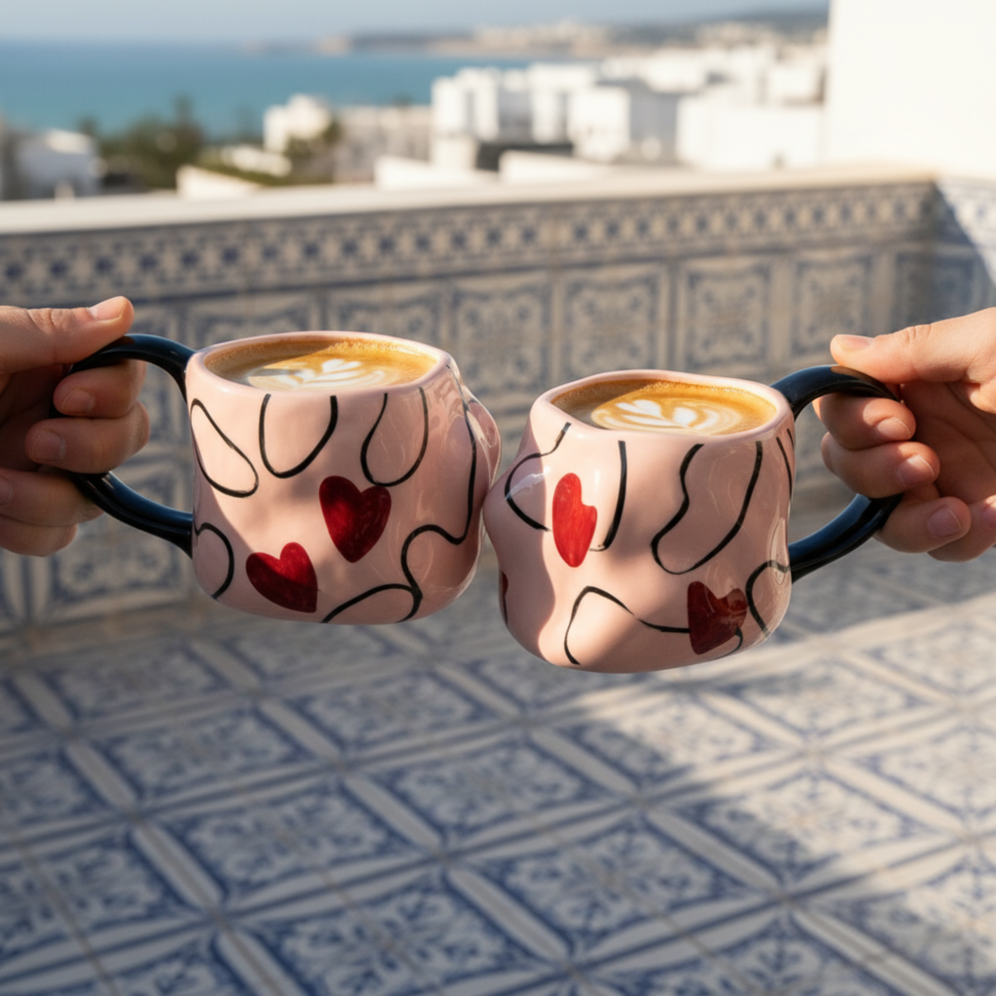 Mug Rose à Cœurs en Céramique – Anse Noire, Design Moderne Tunisie
