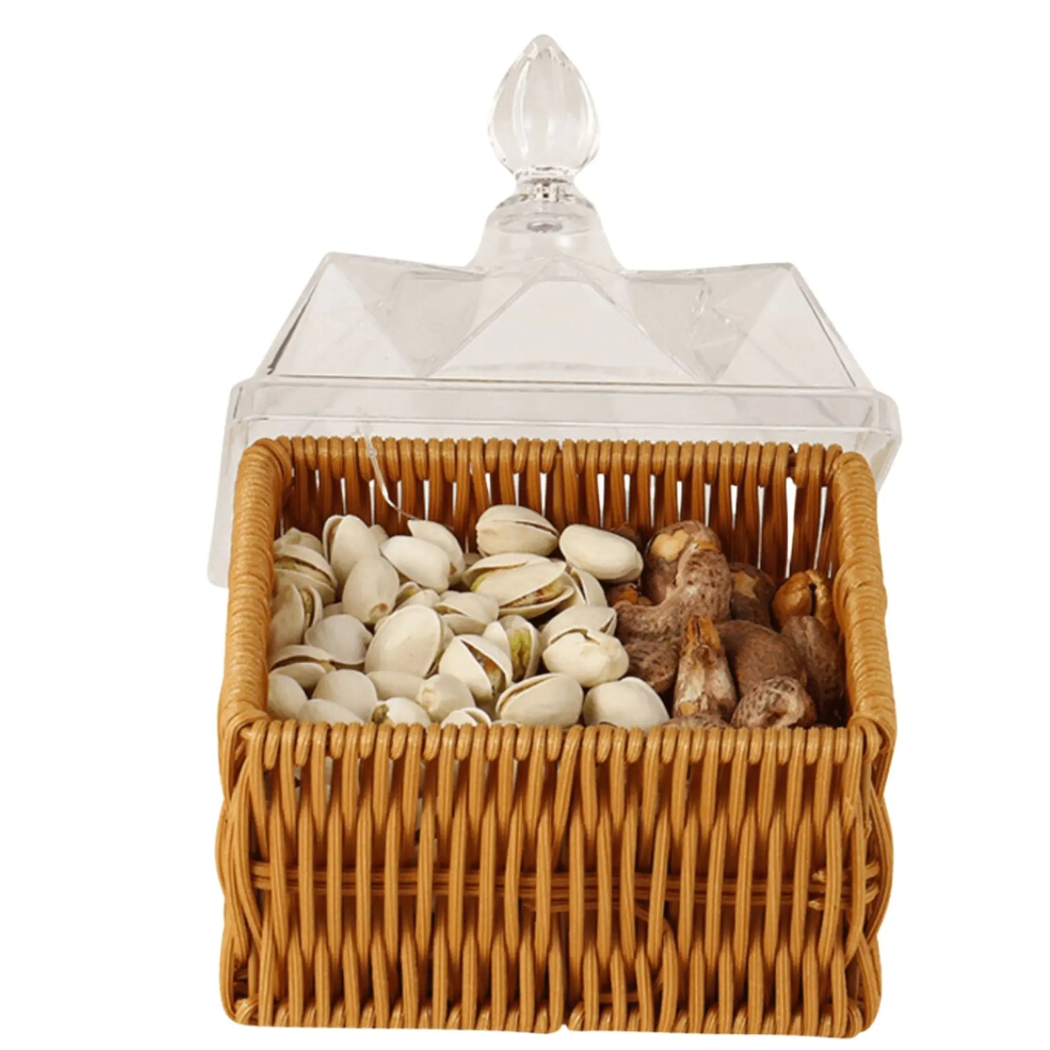 Boîte de rangement en osier transparent pour conserver friandises et snacks.