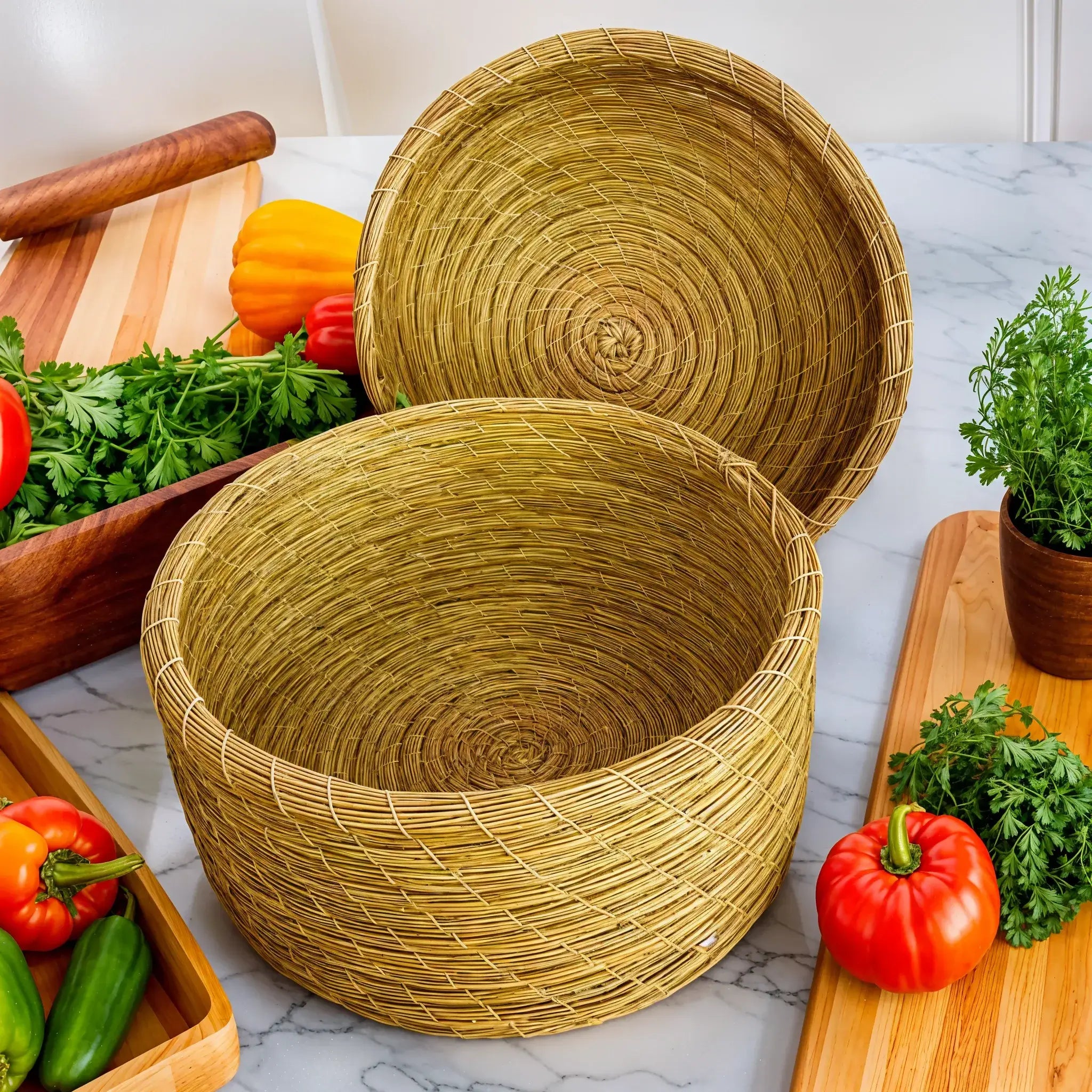 Boîte ronde en halfa artisanale, accompagnée de fruits frais sur une table rustique.