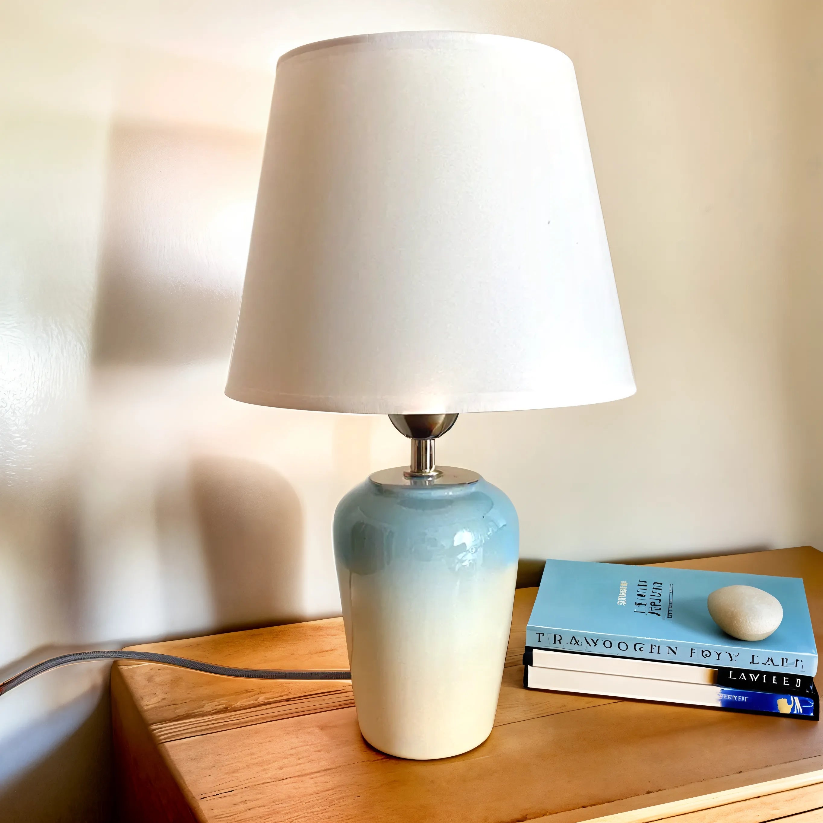 Lampe en céramique avec dégradé bleu et base métallique, créant une ambiance apaisante et raffinée pour votre intérieur.
