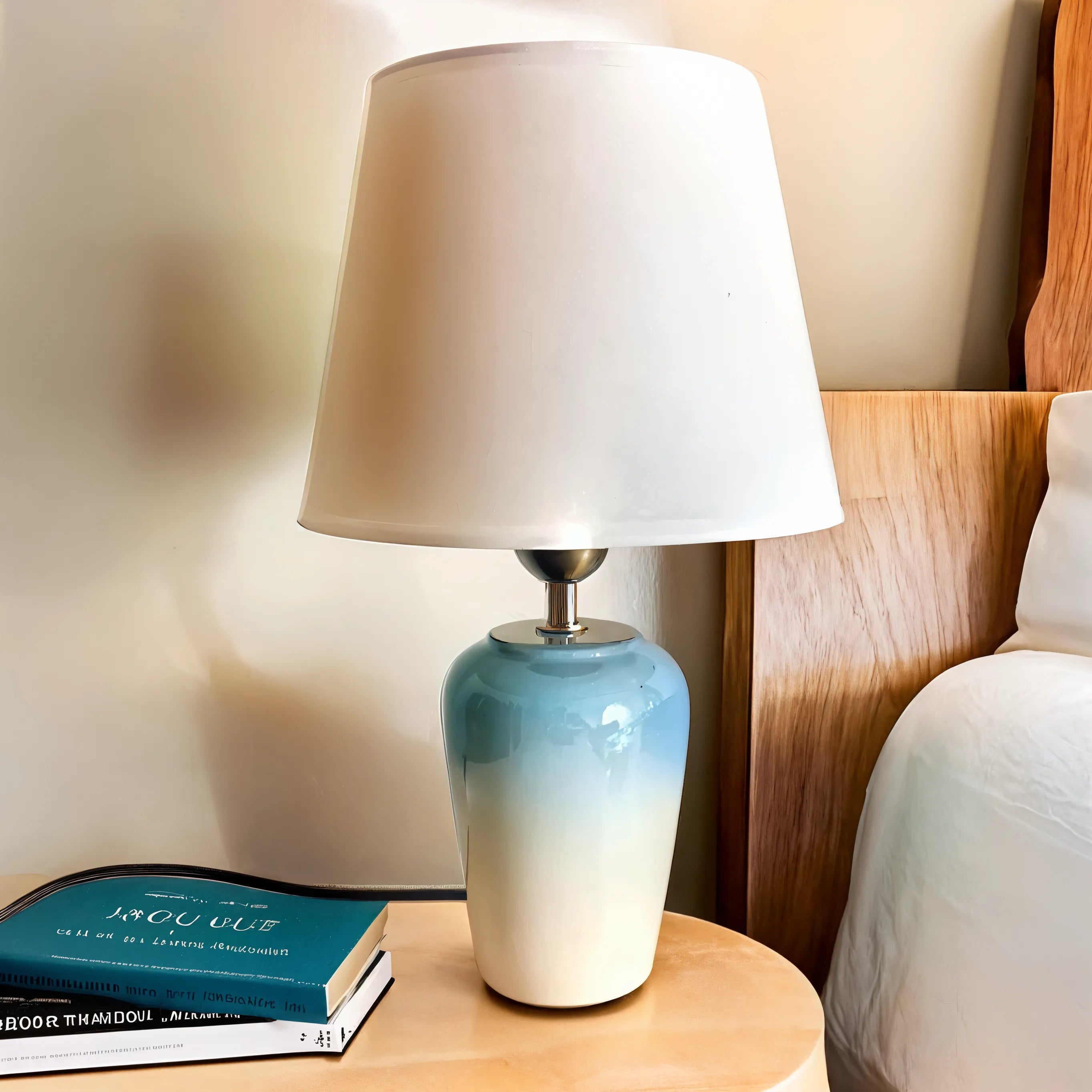 Lampe de table avec un design dégradé bleu et blanc, parfait pour ajouter une touche moderne et élégante à votre chambre ou salon.