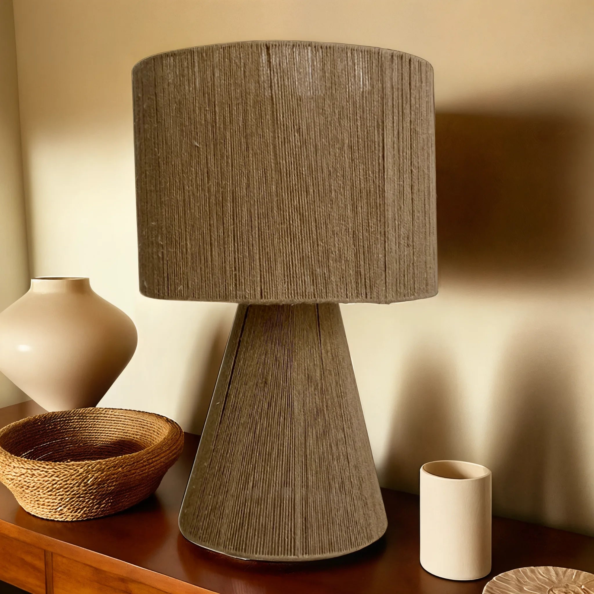 Lampe artisanale en jute naturel, créant une lumière douce et apaisante pour un espace cosy et élégant.