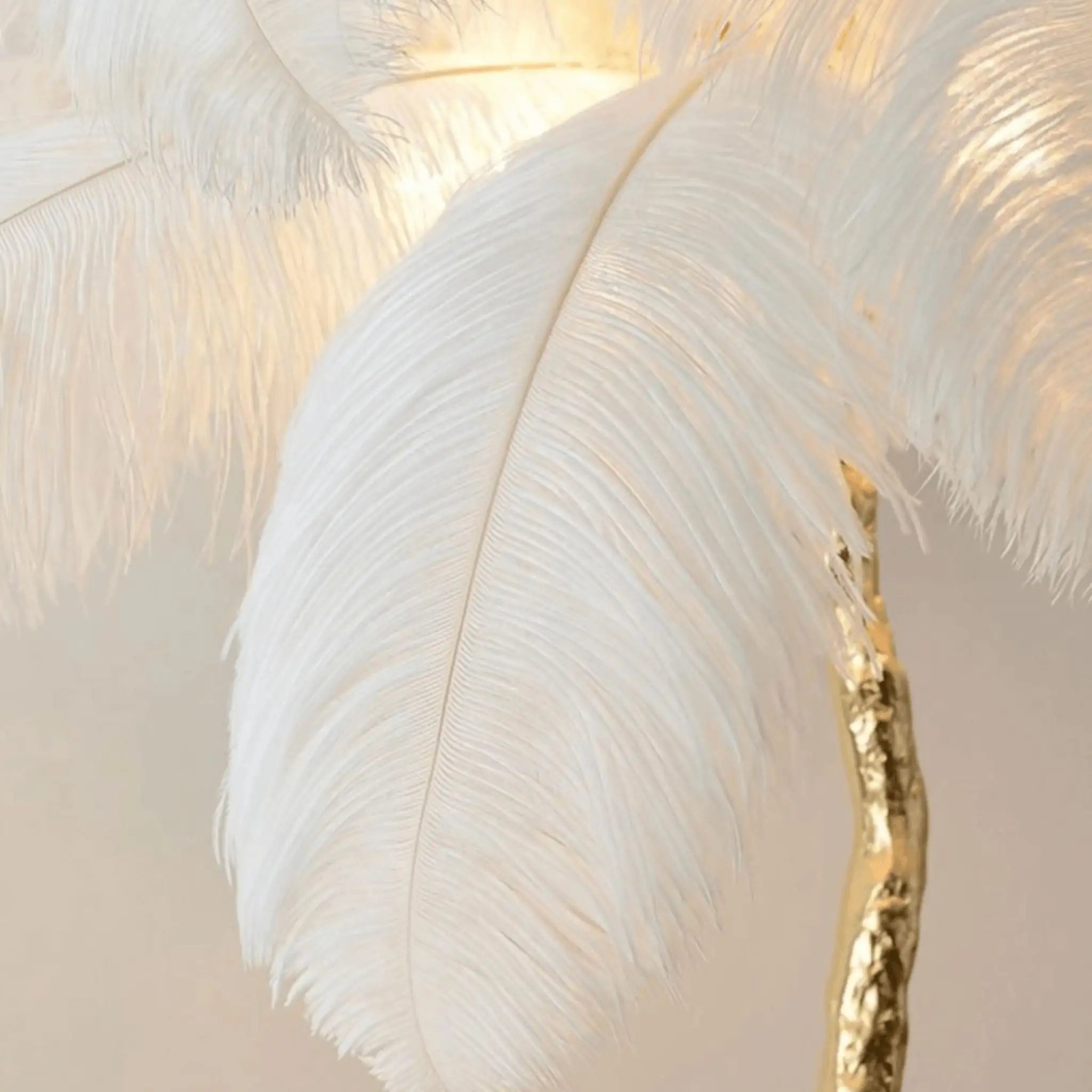 Lampe sur pied avec plumes d'autruche et base en métal, parfait pour une ambiance chaleureuse et élégante dans le salon ou la chambre.