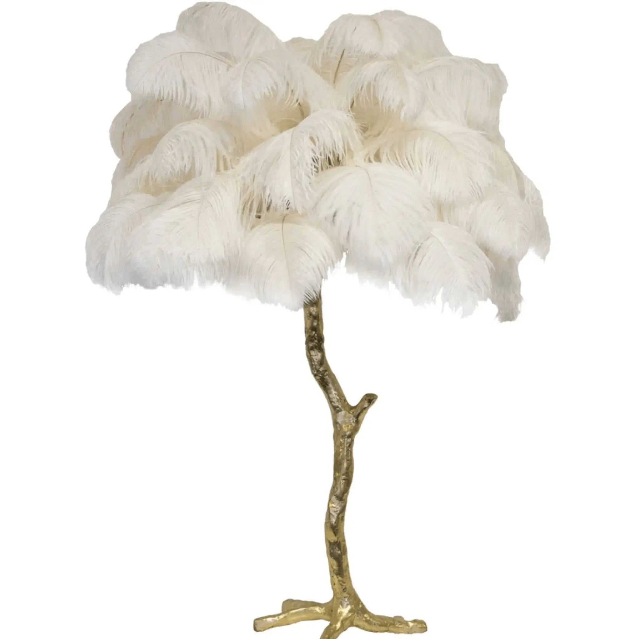 Lampe sur pied avec plumes d'autruche douces et base métallique, créant une ambiance sophistiquée et élégante dans votre intérieur.