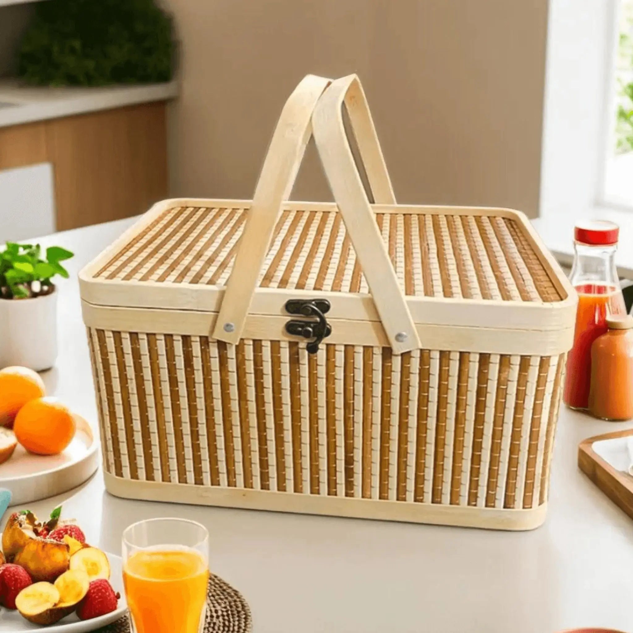 Boîte de rangement en osier avec poignées en bois, posée sur une table de cuisine avec petit-déjeuner à base de fruits et de jus d'orange.