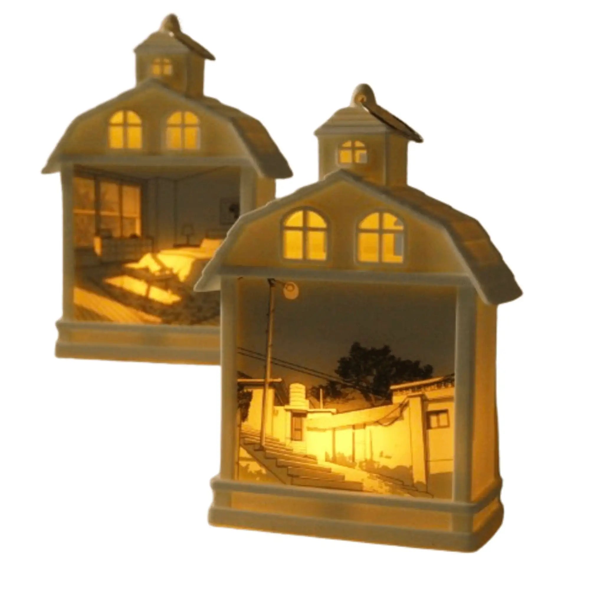 Tableau mural lumineux à LED en forme de maison décorative, avec une scène illuminée à l’intérieur, ajoutant une touche chaleureuse à votre salon.