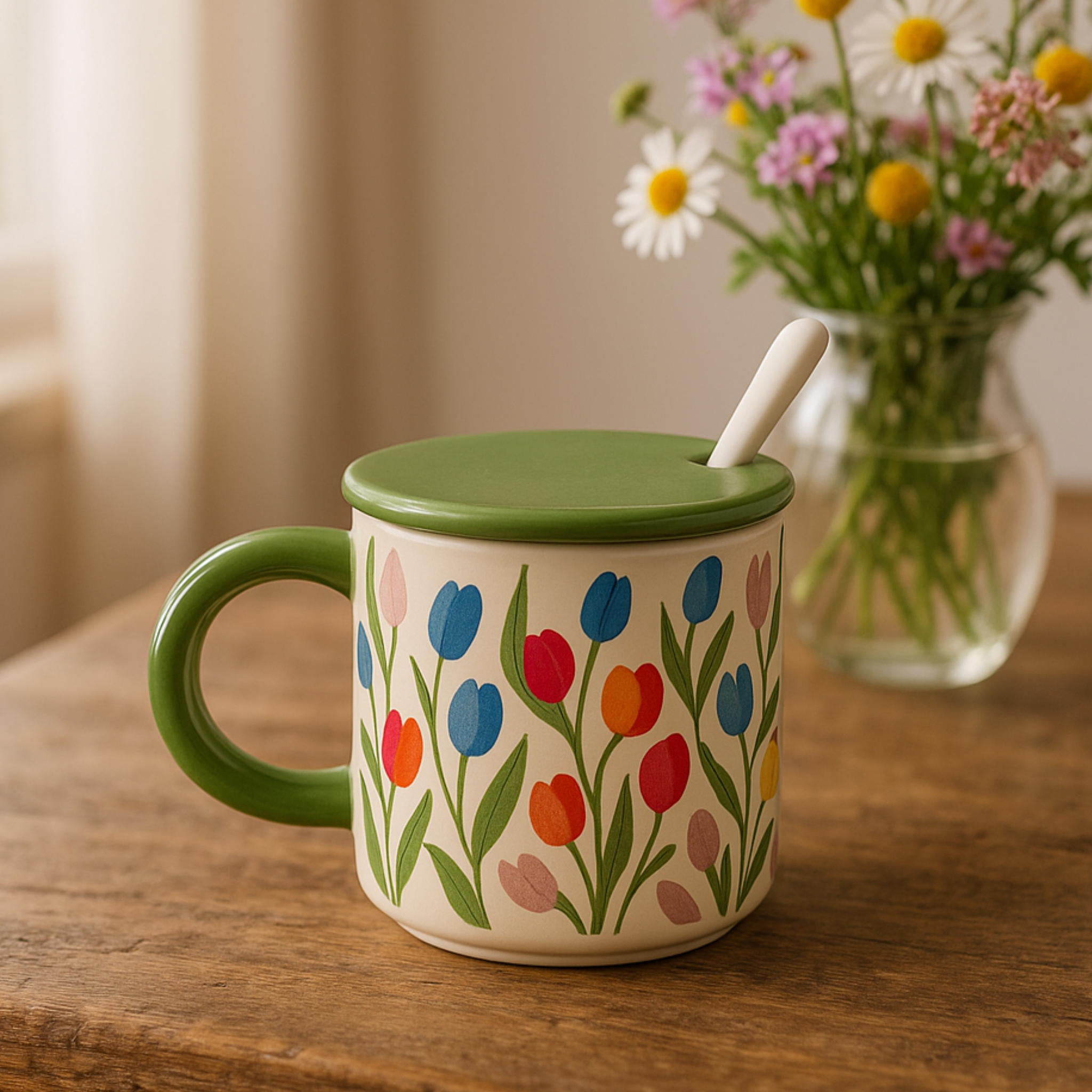 Mug avec Couvercle et Cuillère | Design Floral Élégant | Fiolla Home