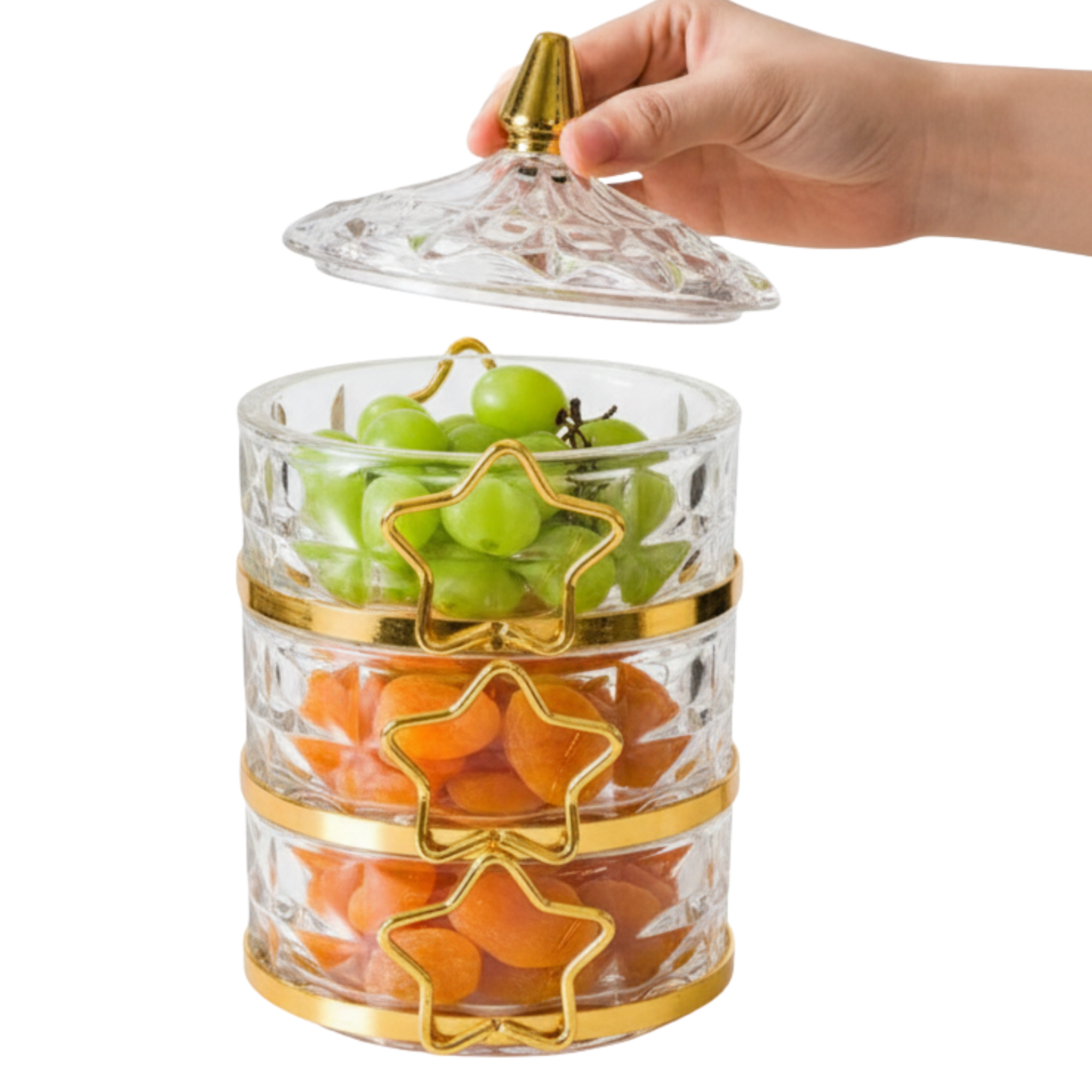 Bonbonnière 3 Niveaux Tunisie | Verre Ciselé, Étoiles Dorées | Fiolla Home