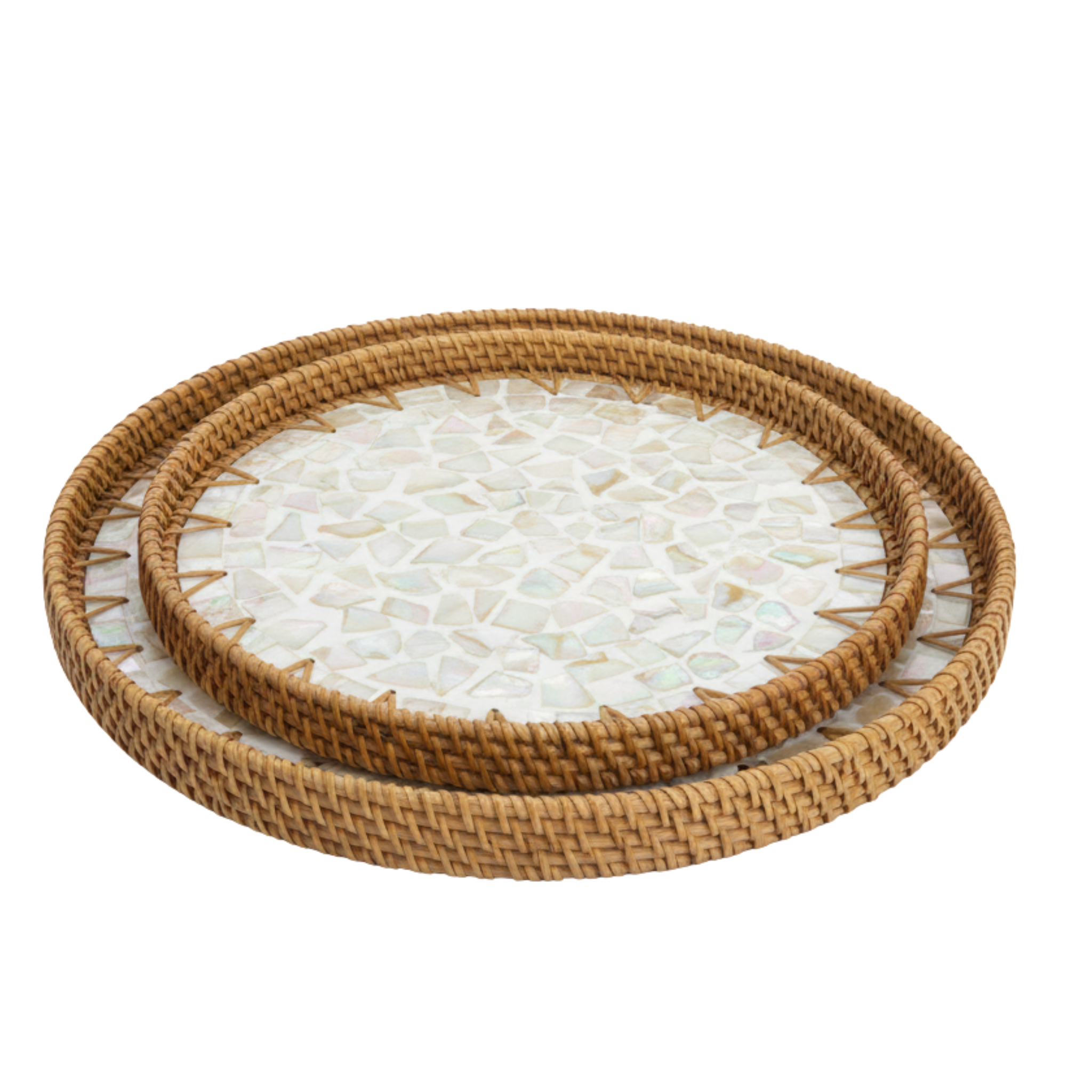 Série de 2 plateaux ronds en rotin & nacre – service & déco