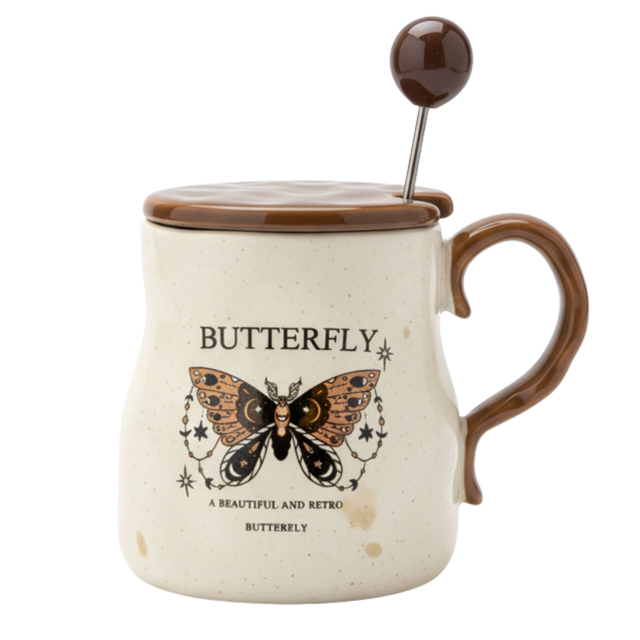 Mug Butterfly Rétro en Céramique – Couvercle & Cuillère