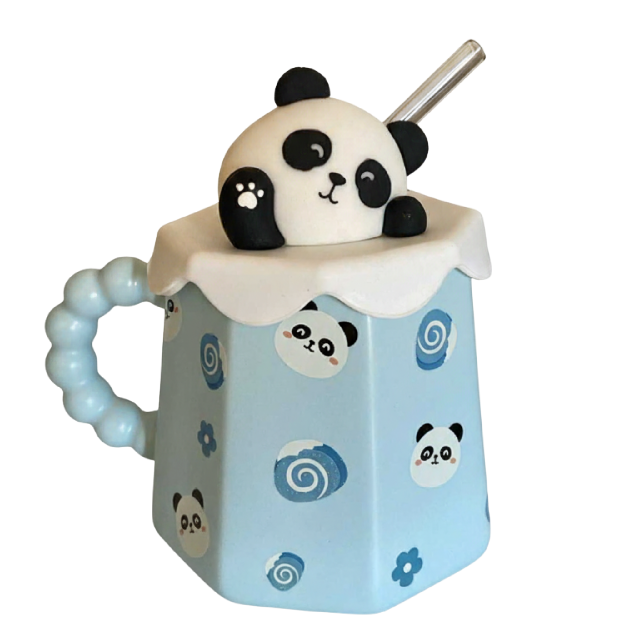 Mug Panda Bleu avec Paille – Couvercle 3D & Poignée Perlée