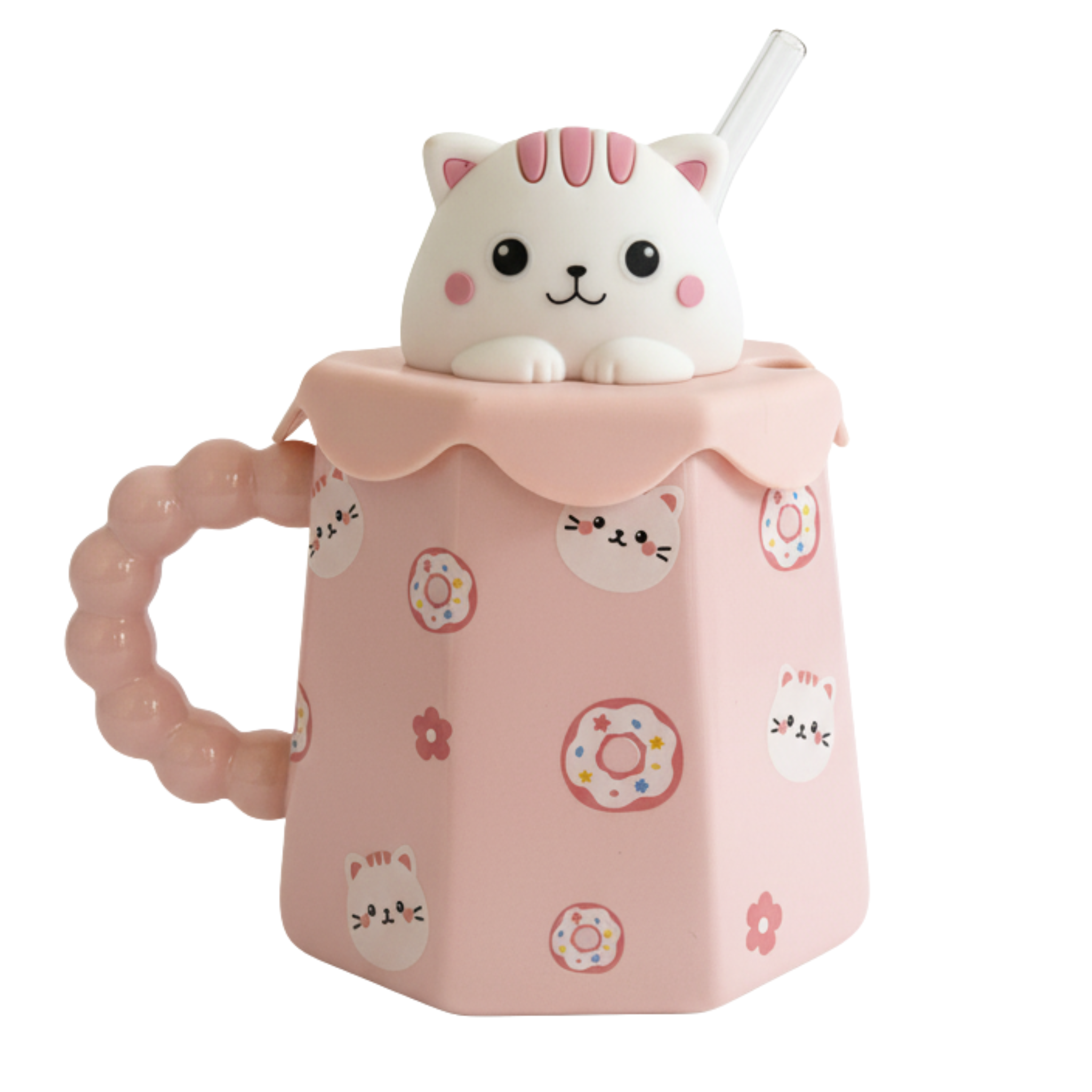 Mug Chat Rose avec Paille – Couvercle 3D & Poignée Perlée