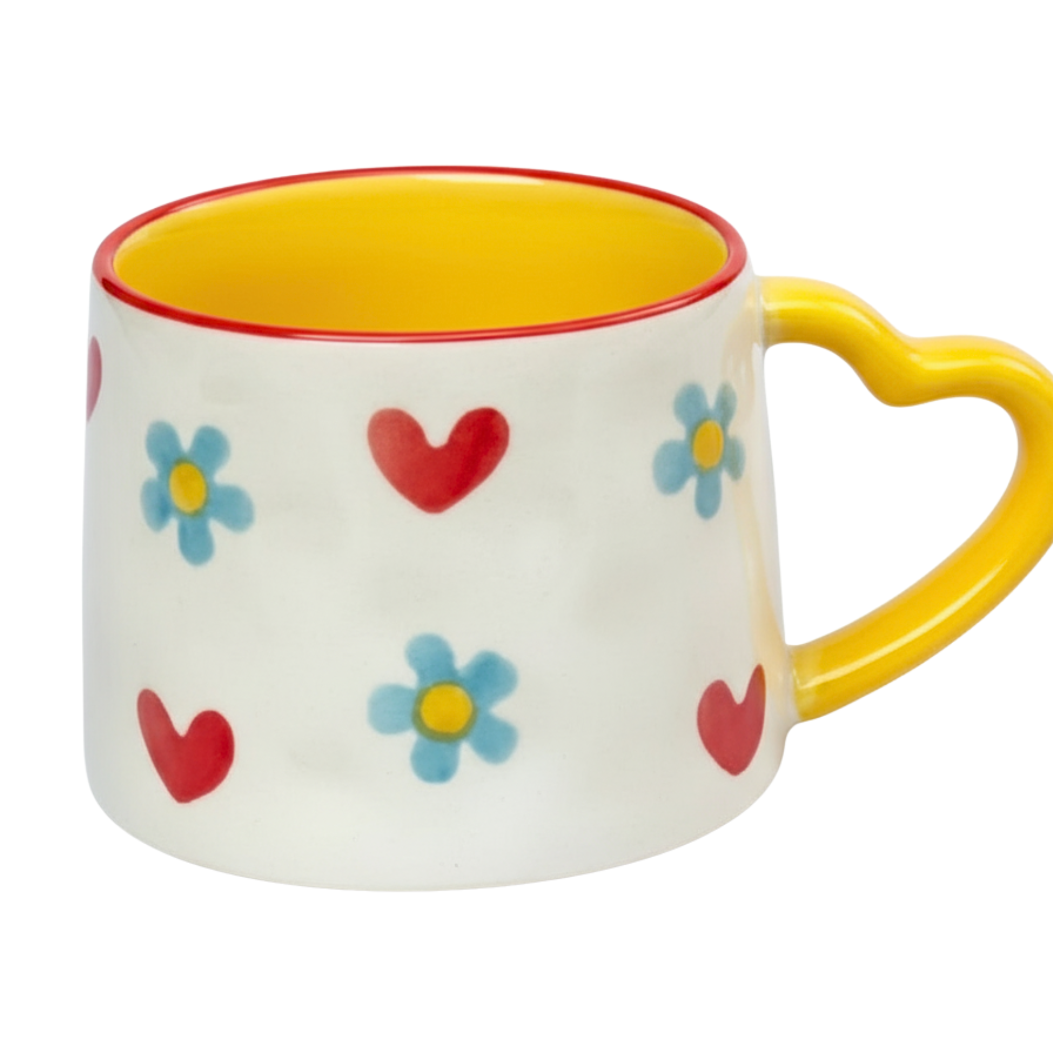 Mug Cœurs et Fleurs | Anse Jaune en Forme de Cœur