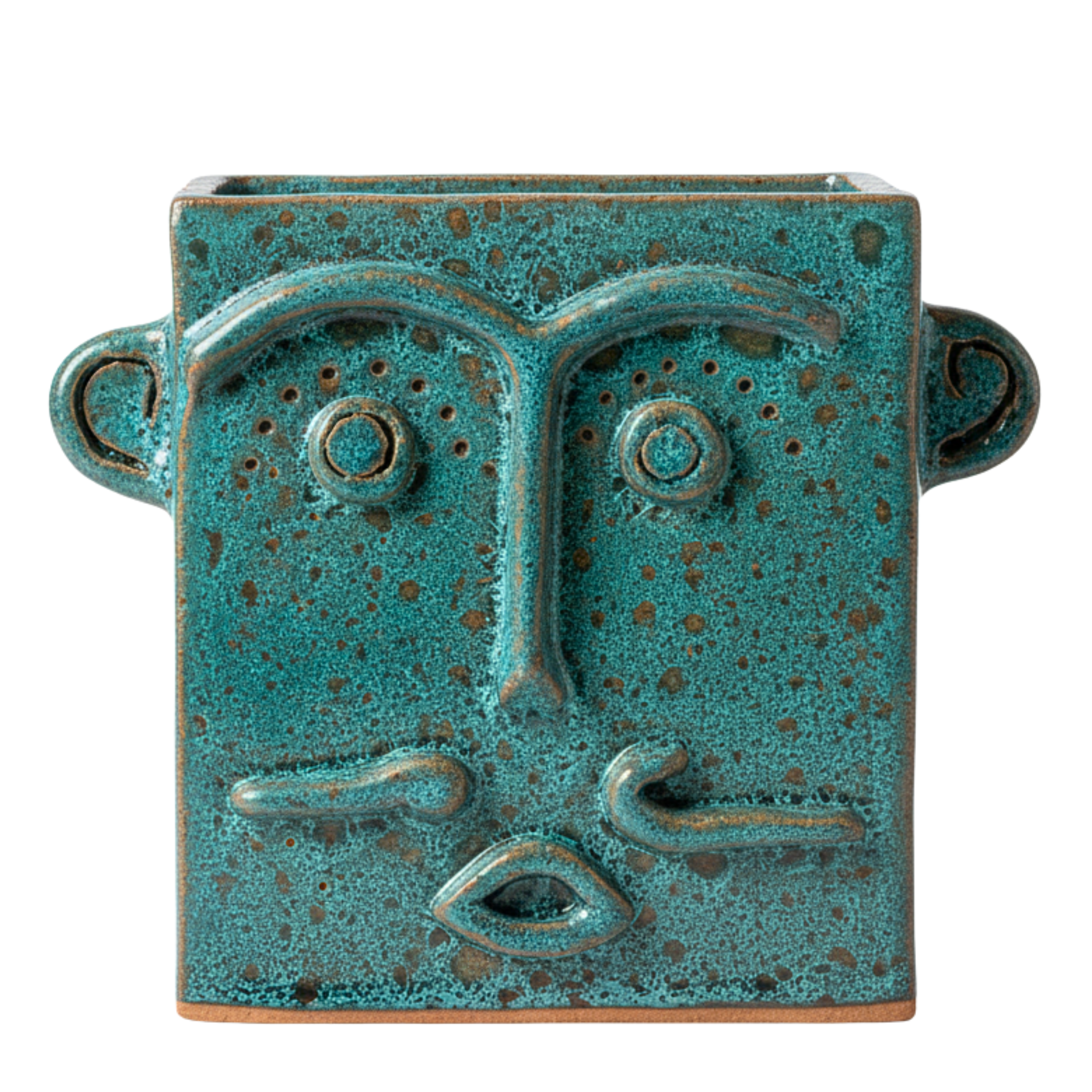 Vase Visage Carré en Céramique – Émail Émeraude Tunisien