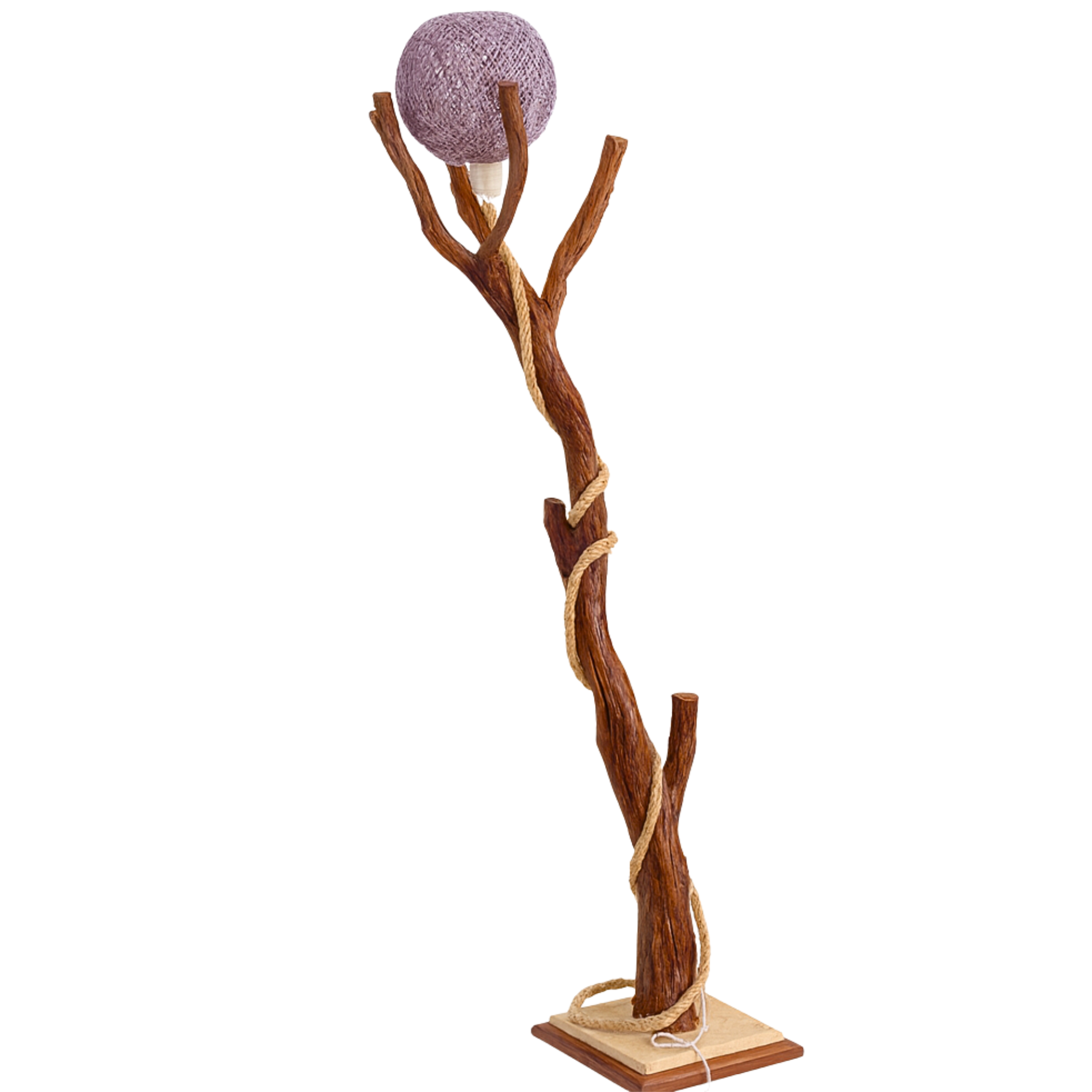 Lampadaire Artisanat Tunisien en Bois Naturel & Abat-Jour Tissé Violet