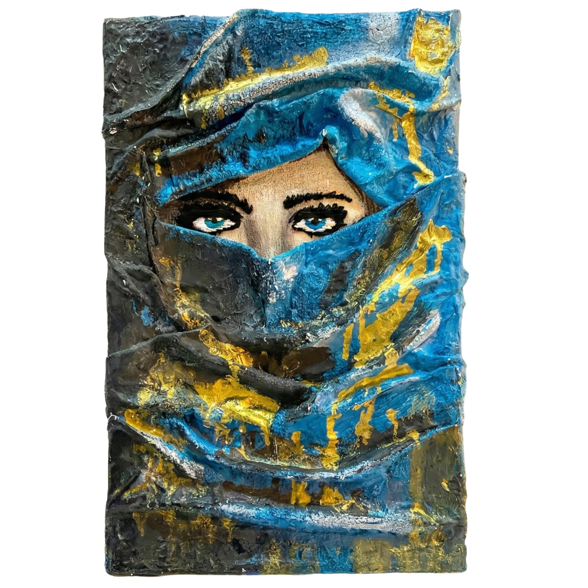Tableau Mystérieux Femme Voilée | Bleu et Or Élégant | Fiolla Home