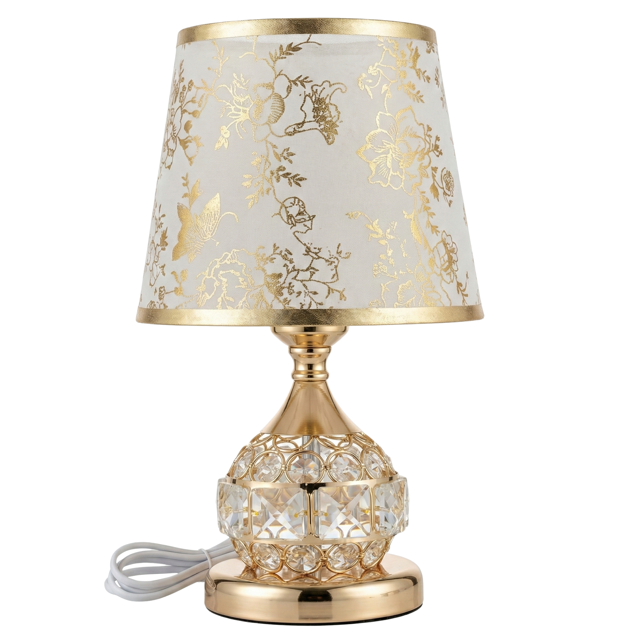 Lampe de Chevet Dorée avec Abat-jour Floral et Base Cristal