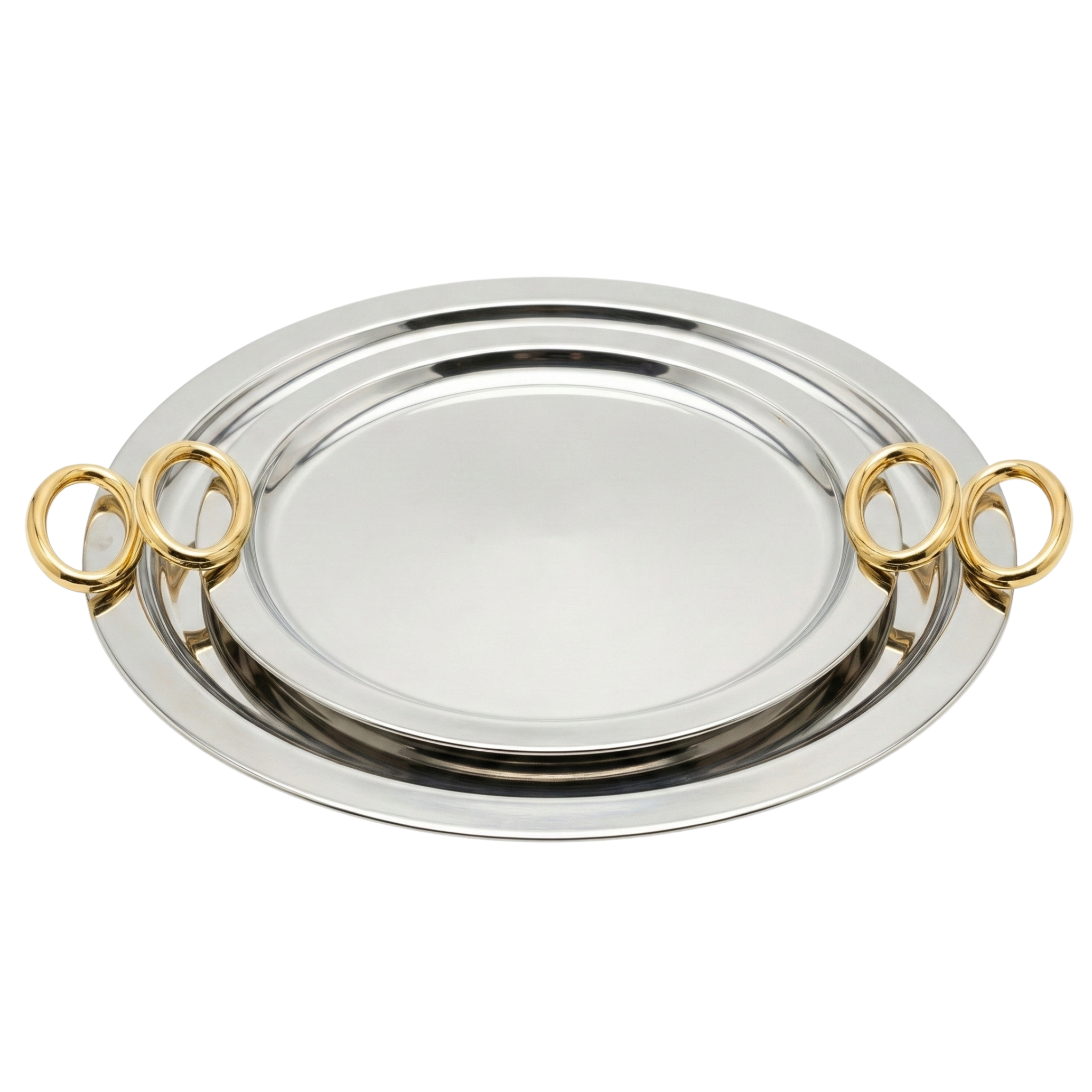 Duo de Plateaux de Service Inox & Poignées Anneaux Dorés - Design Chic