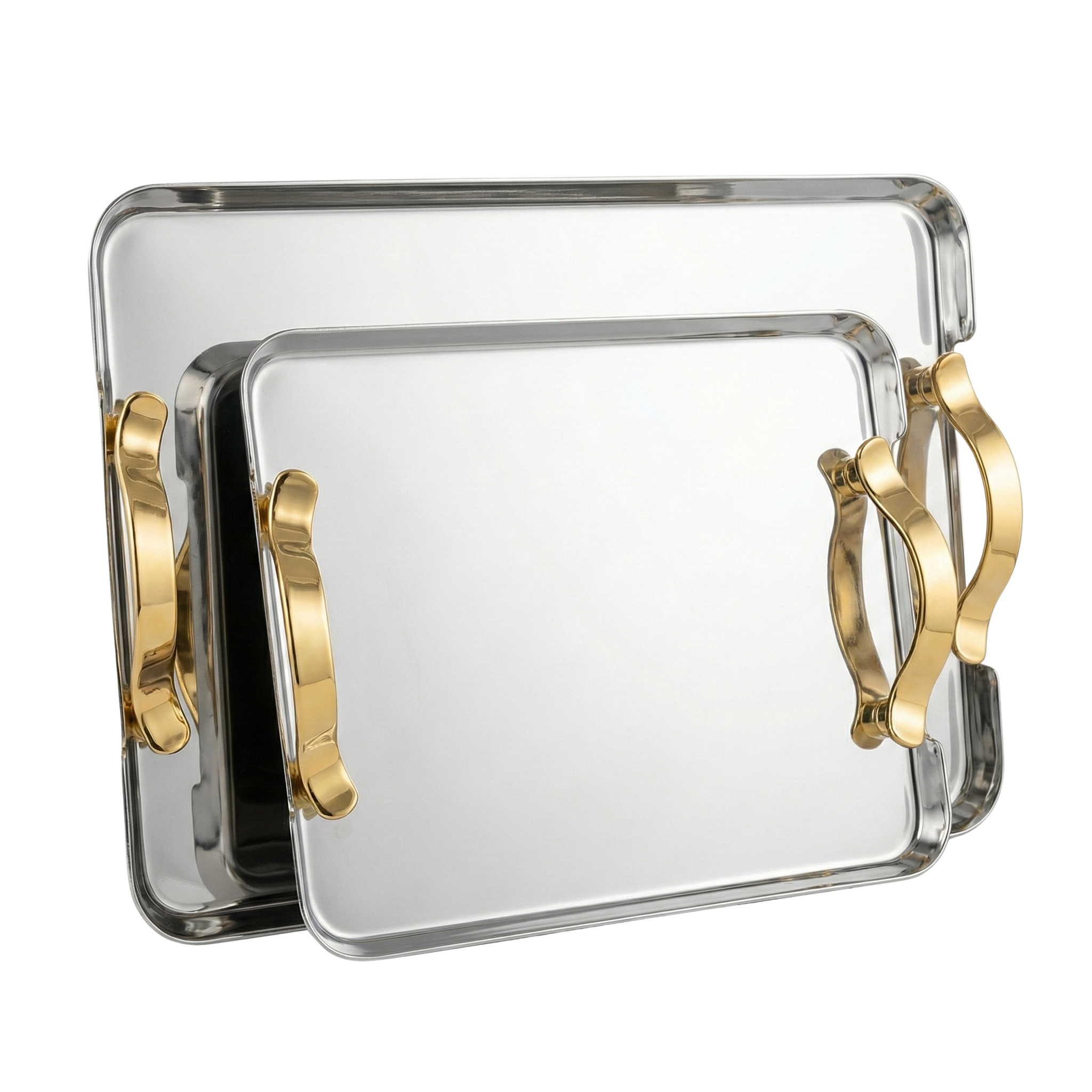 Duo de Plateaux de Service Inox & Poignées Dorées – Élégance Moderne