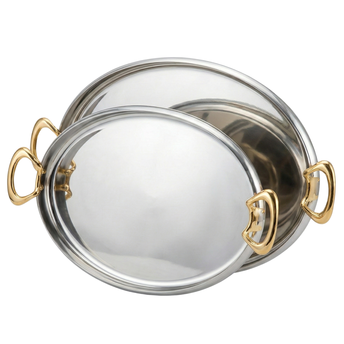 Plat de Service Ovale Inox & Poignées Dorées – Luxe et Élégance