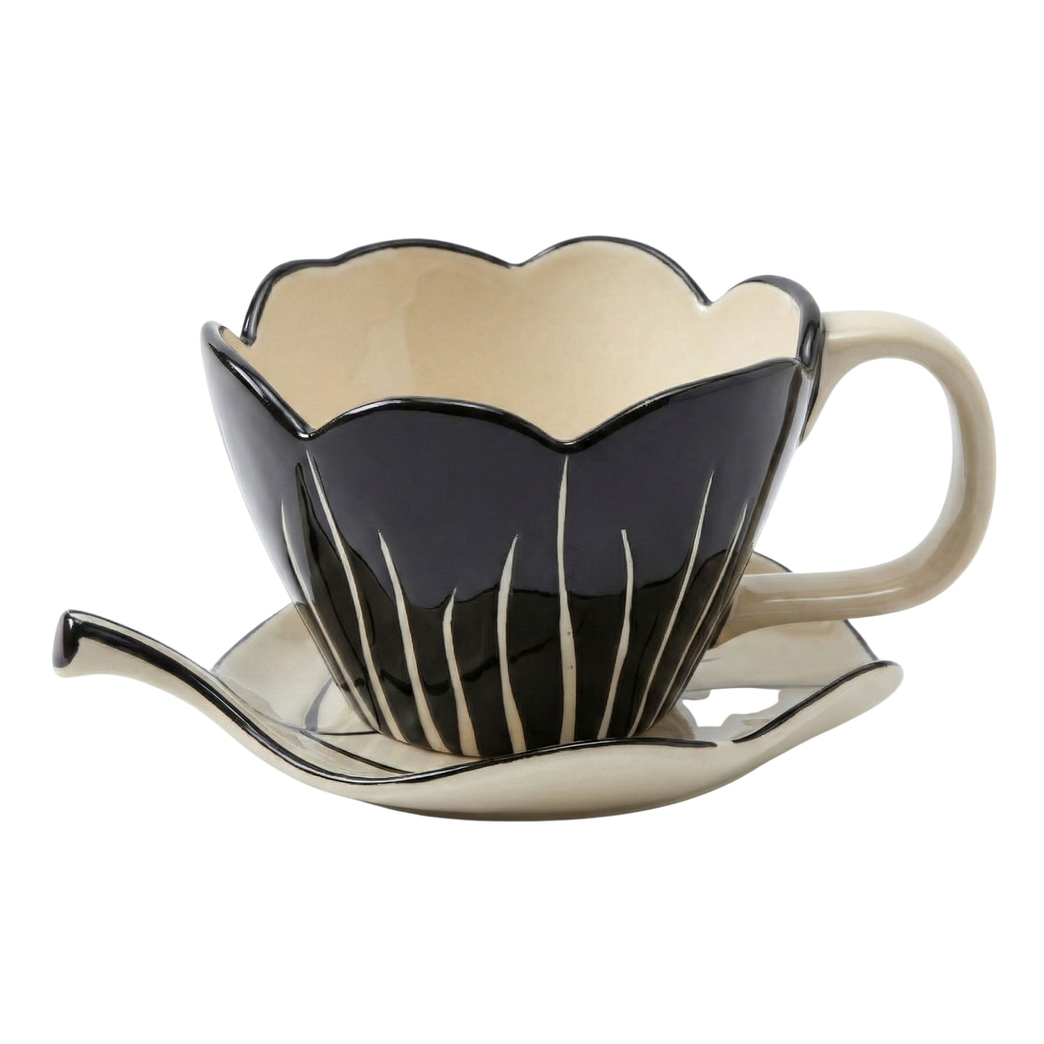 Mug Fleur Noir en Céramique avec Sous-Tasse – Élégance Premium