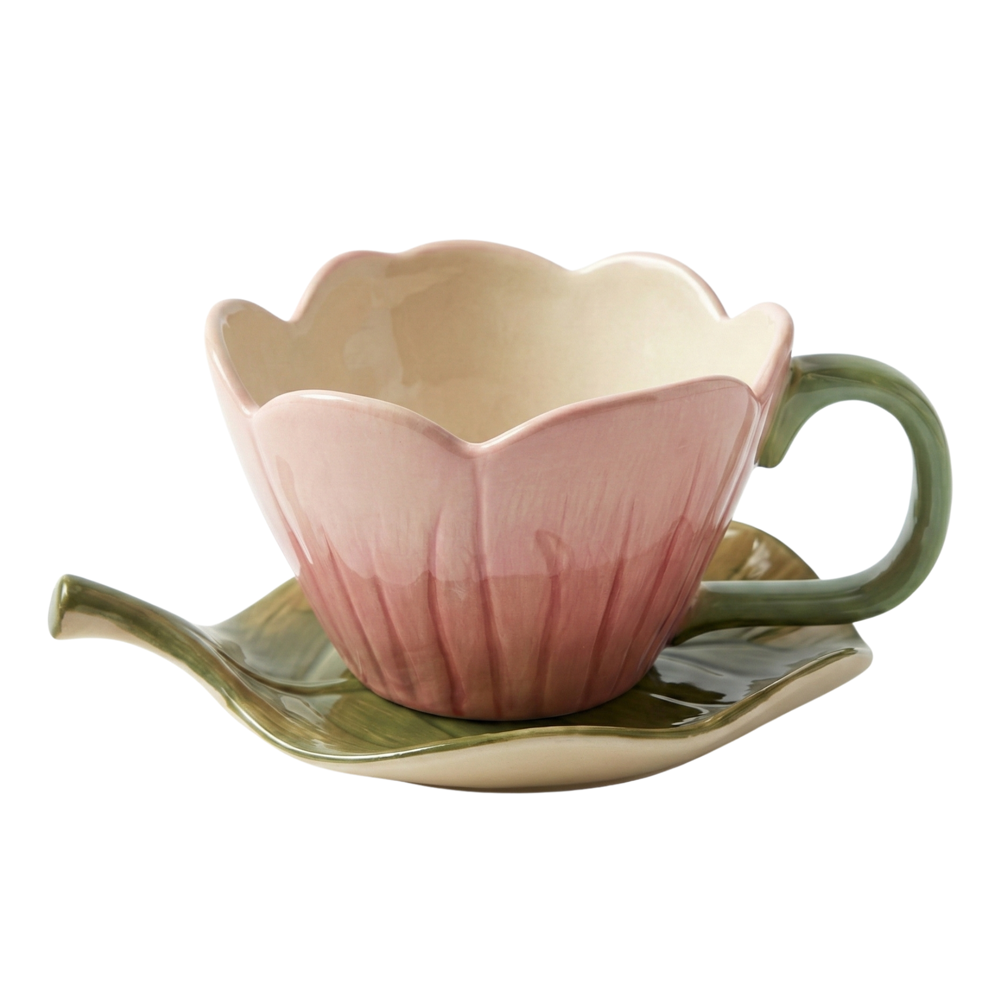 Mug Fleur Rose en Céramique avec Sous-Tasse Feuille – Style Bohème