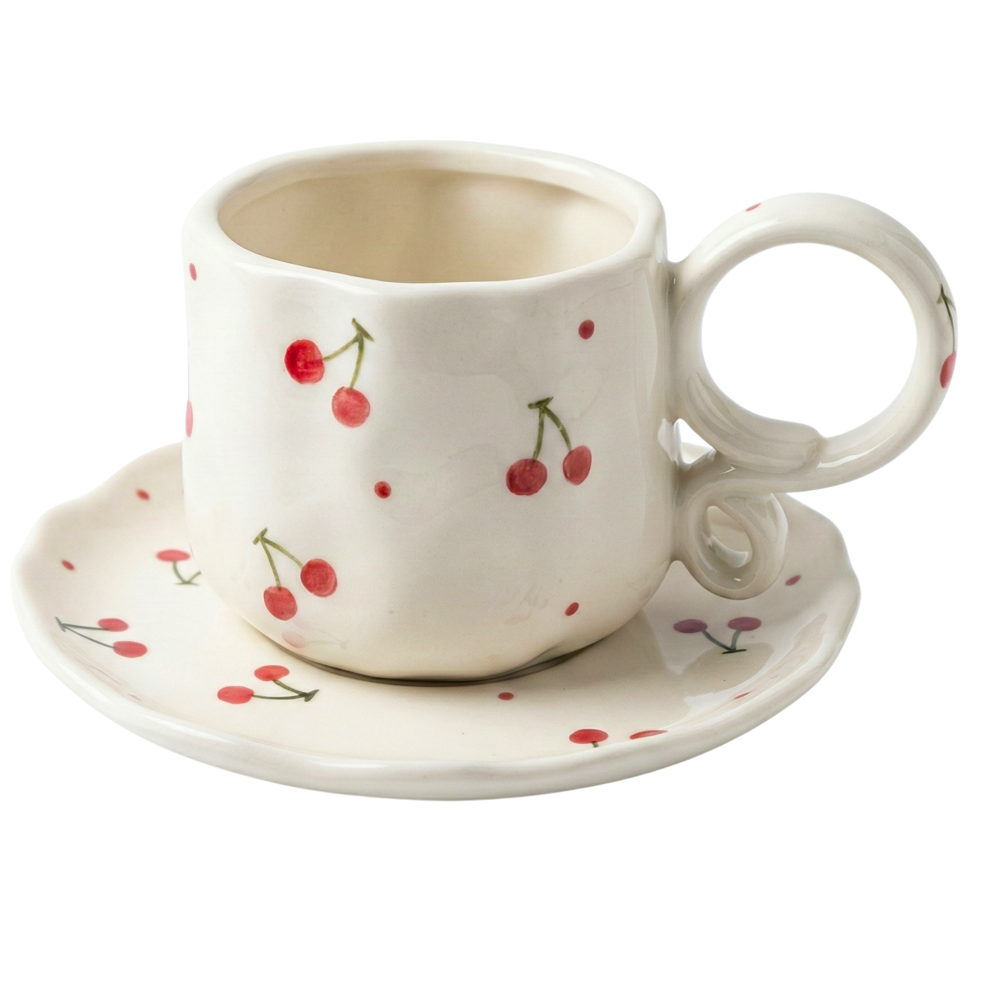 Set Tasse & Soucoupe Cerises en Céramique – Design Tendance & Artisanal