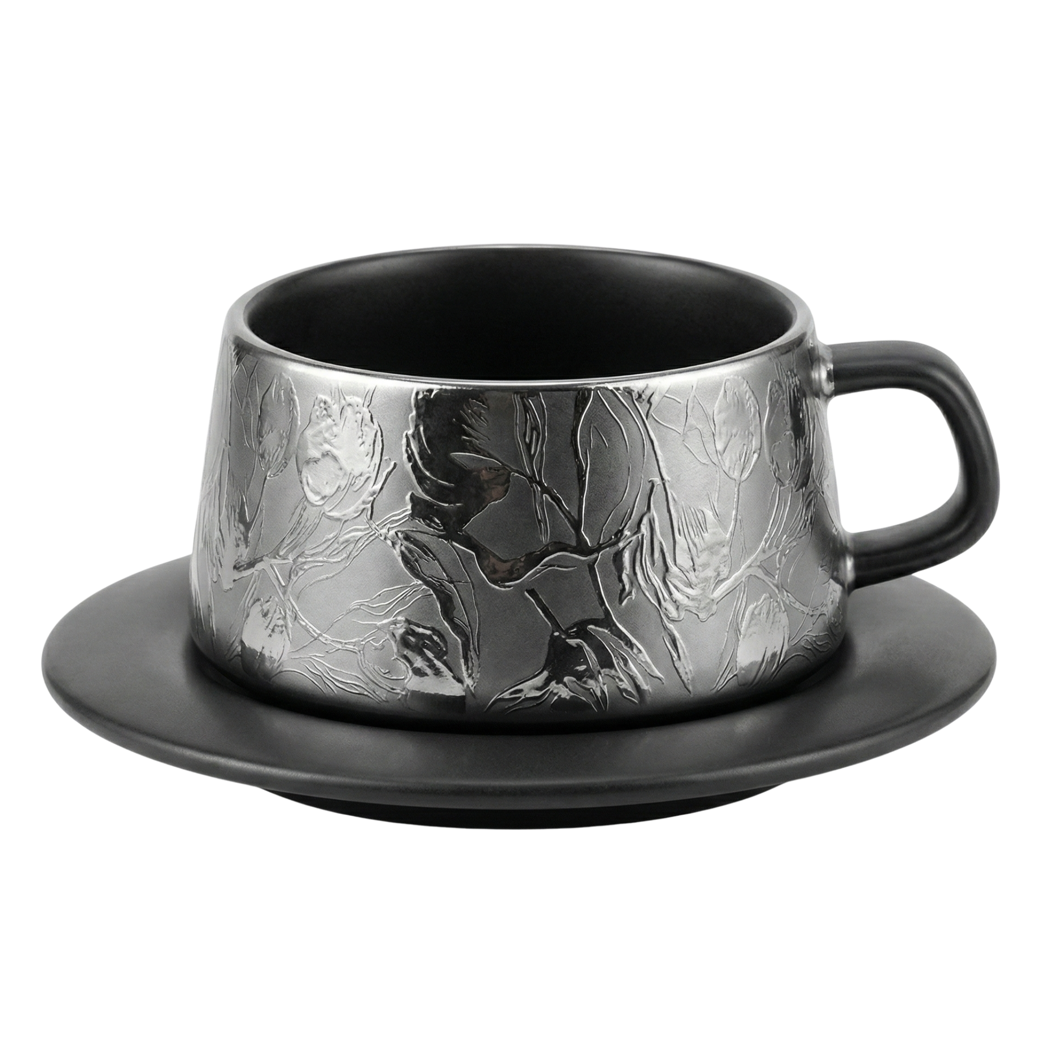 Tasse Argentée et Noire Gravée – Design Luxe Moderne