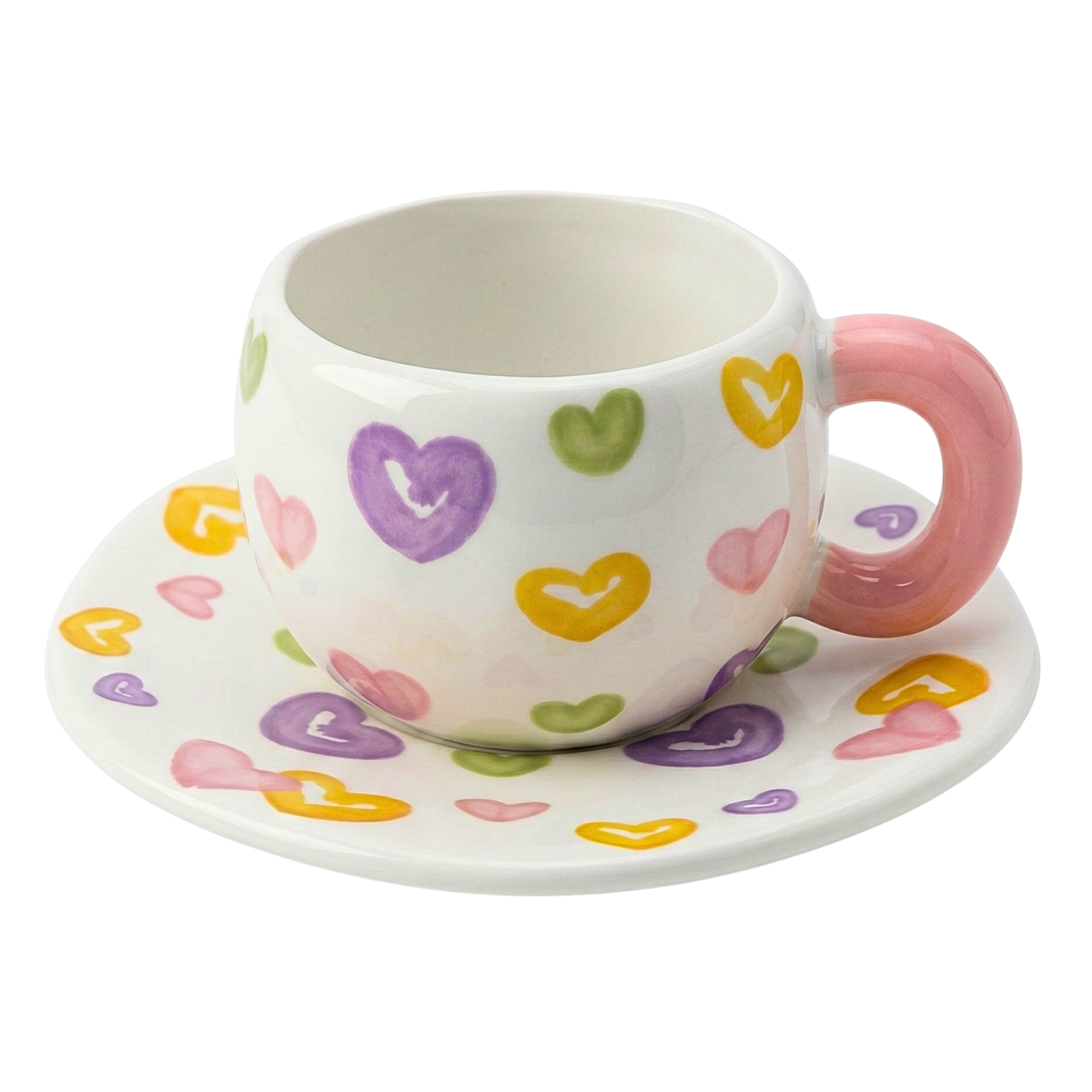 Duo Tasse & Soucoupe "Love Hearts" – Céramique Tendance & Colorée